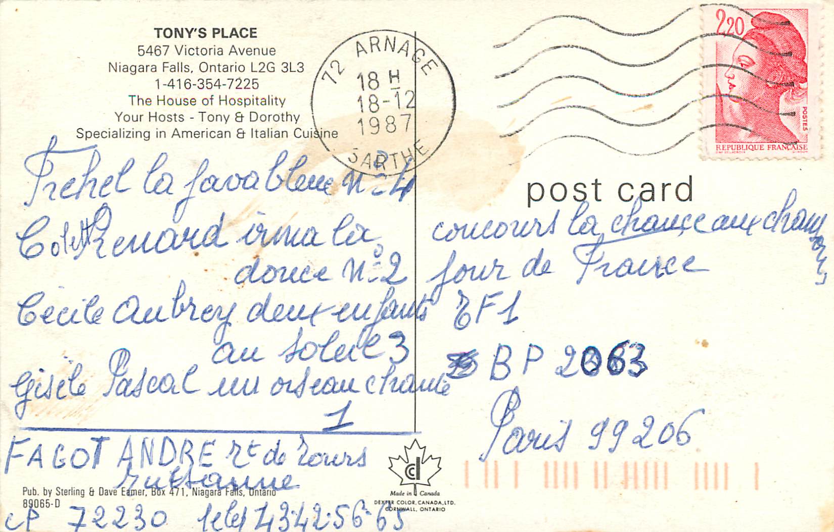 CPM Canada Ontario Niagara Falls Tony's place — Rückseite