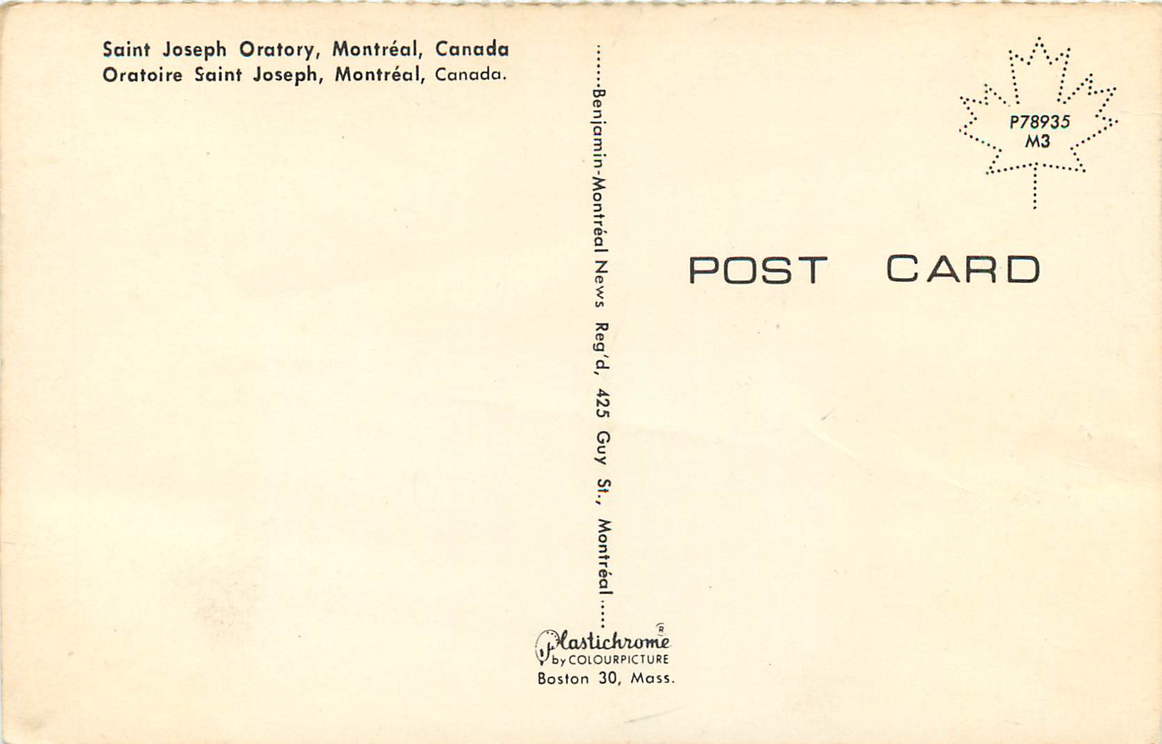 CPM Canada Montreal Oratoire Saint Joseph — Rückseite