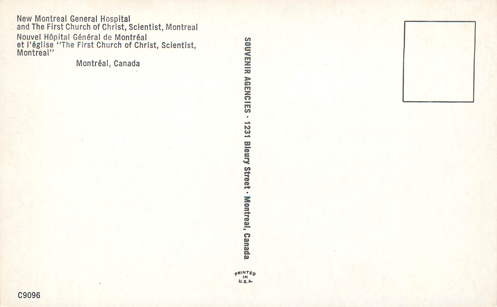 New Montreal General Hospital et The First Church of Christ, Scientist, Montreal — Souvenir Agencies, Montreal — Rückseite