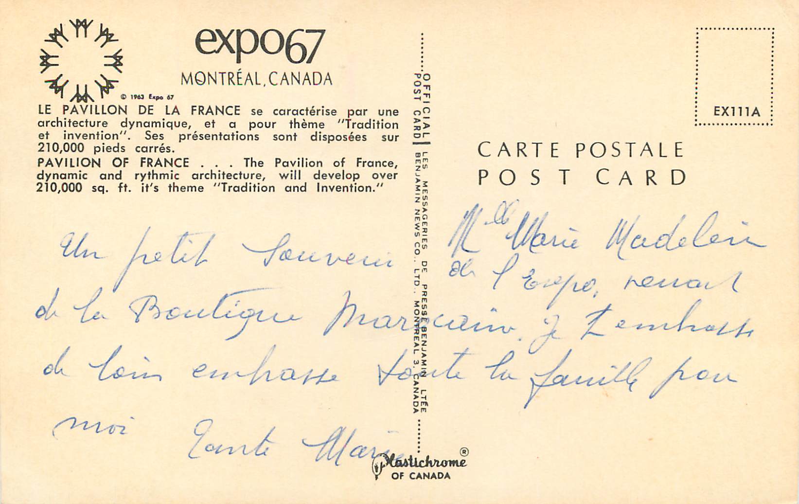 CPM Canada Montreal Le Pavillon de la France Expo 67 — Rückseite