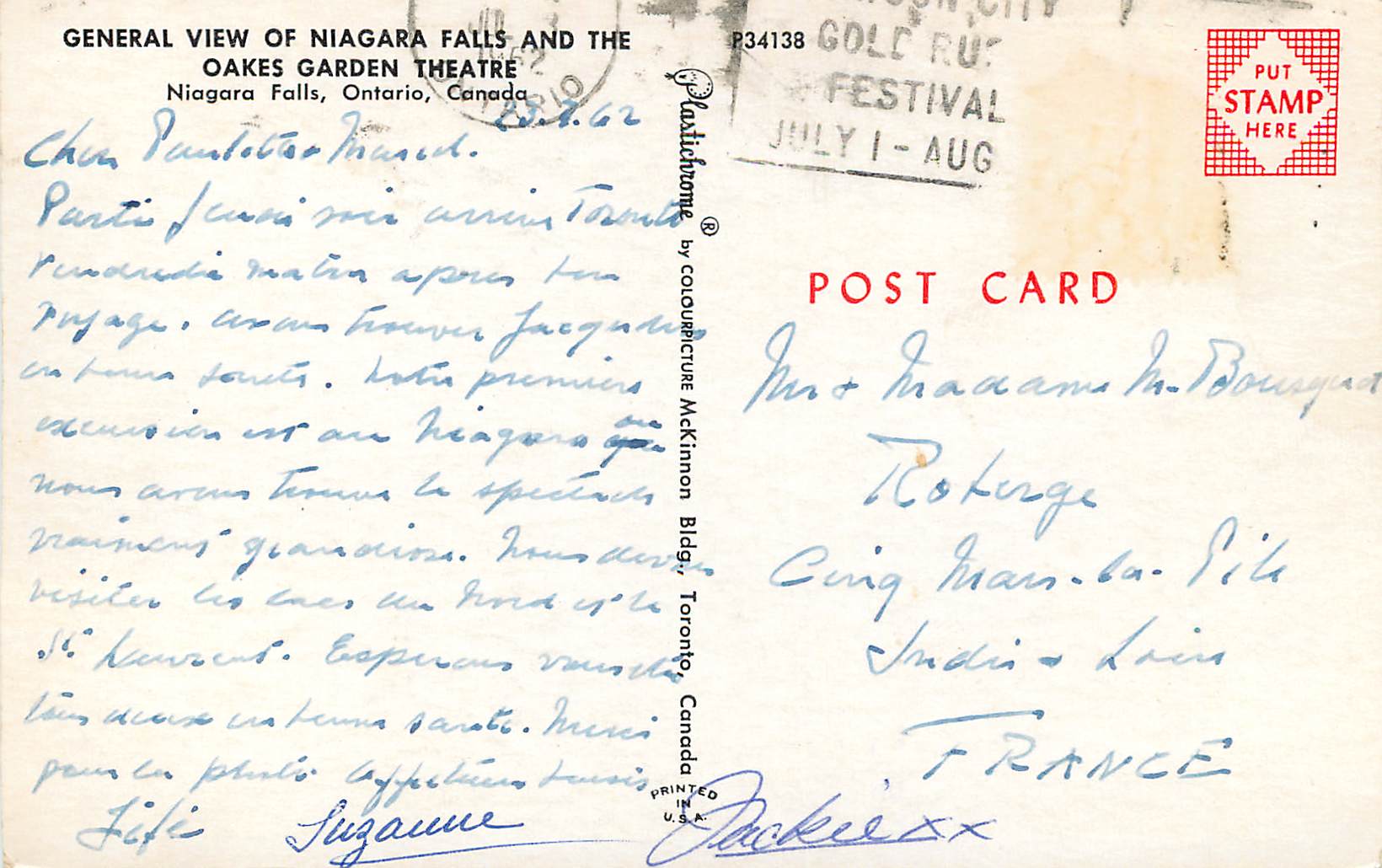 CPM Canada Ontario Niagara Falls and the Oakes Garden Theatre — Rückseite