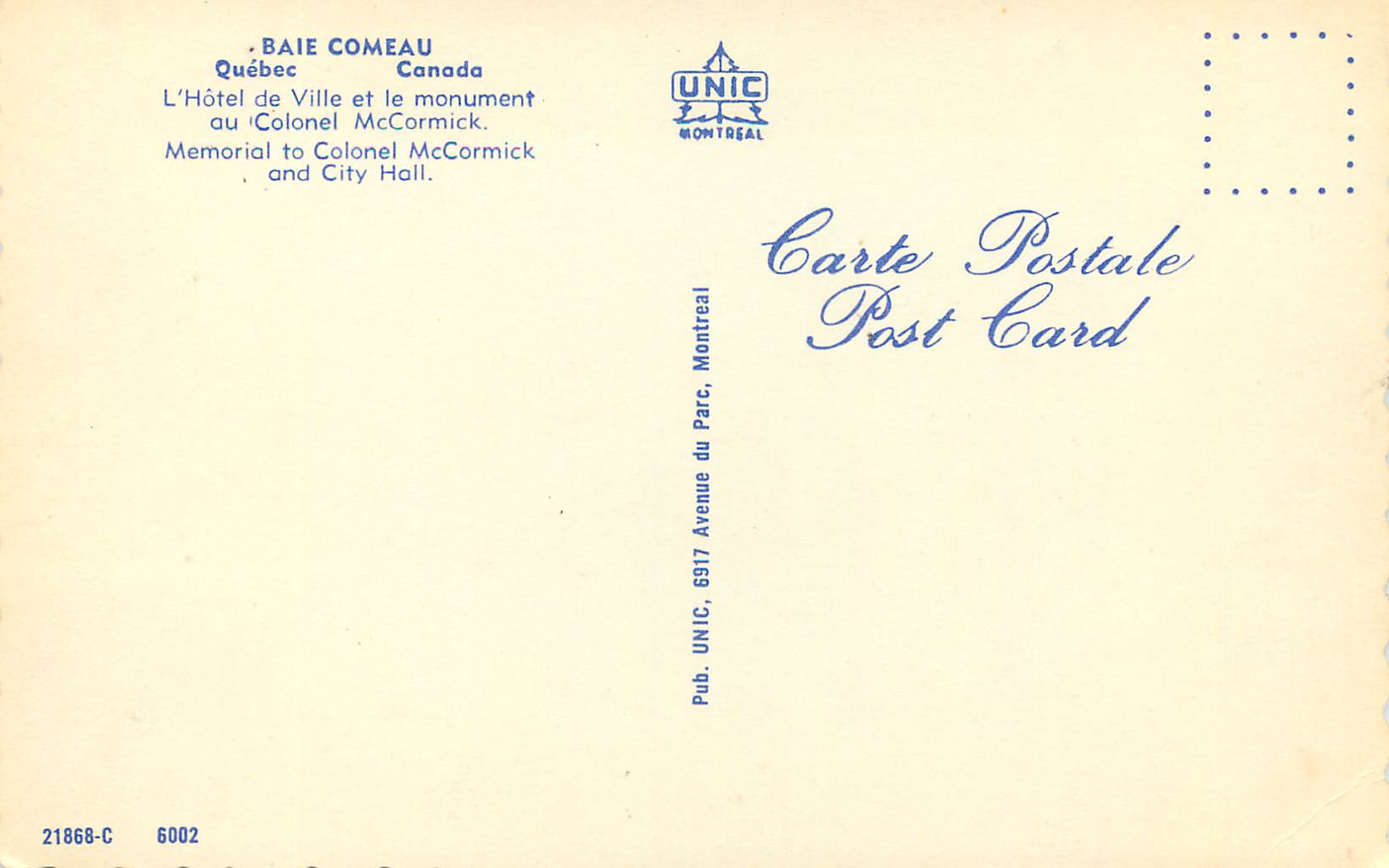 CPM Canada Quebec Baie Comeau L'Hotel de Ville et le monument au Colonel McCormick — Back
