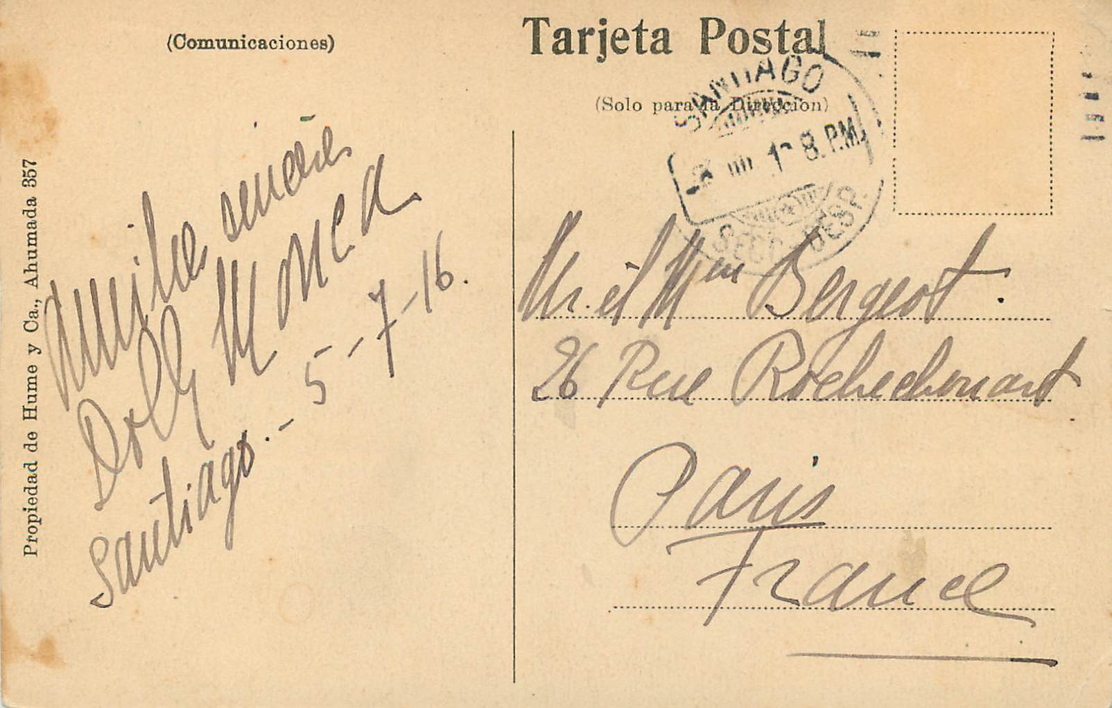 CPA Chile Teatro Municipal Santiago — Rückseite