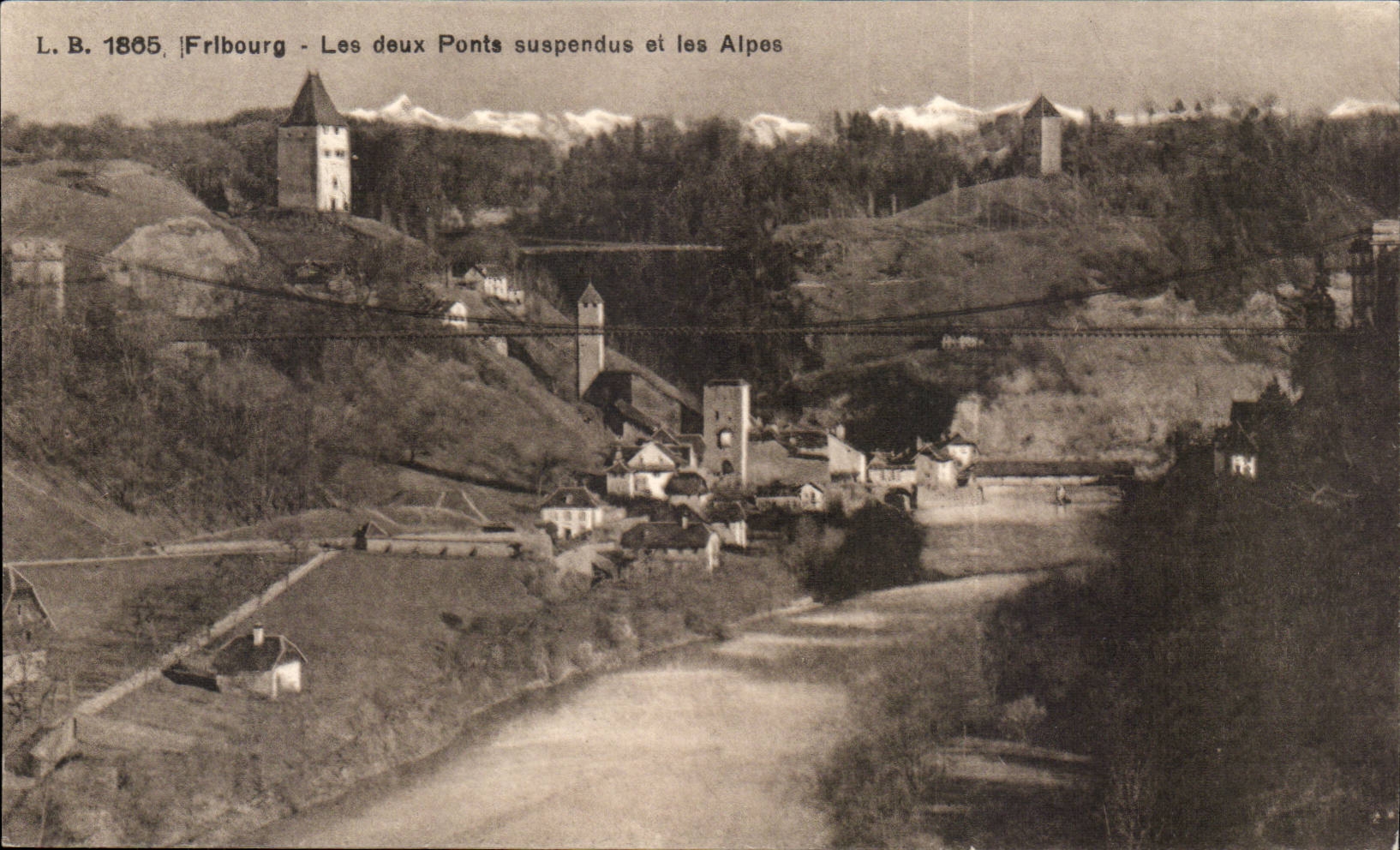 CPA Suisse Fribourg Les deux ponts suspendus et les Alpes