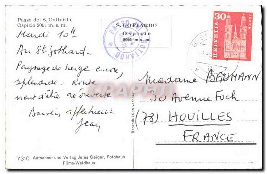CPA Suisse Passo del S gottardo Ospiqio 2091m — Rückseite