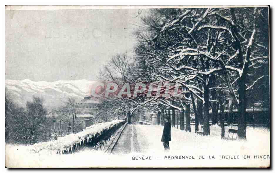 CPA Suisse Geneve Promenade de la Treille en hiver (publicite Grands Magasins Paris Voltaire Boulevard Voltaire a Paris 