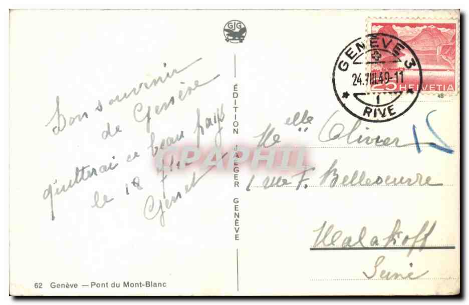 CPSM Geneve Pont du Mont Blanc — Rückseite