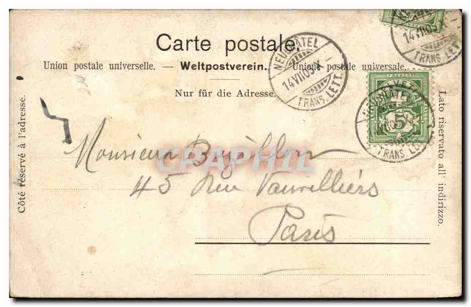 CPA Suisse Neuchatel Le chateau et les Alpes — Verso