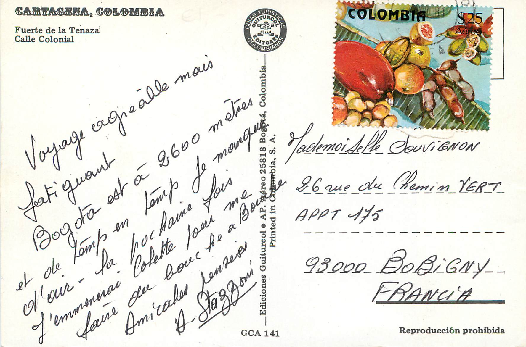 CPM Colombia Saludos de Cartagena Fuerte de la Tenaza Calle Colonial — Rückseite