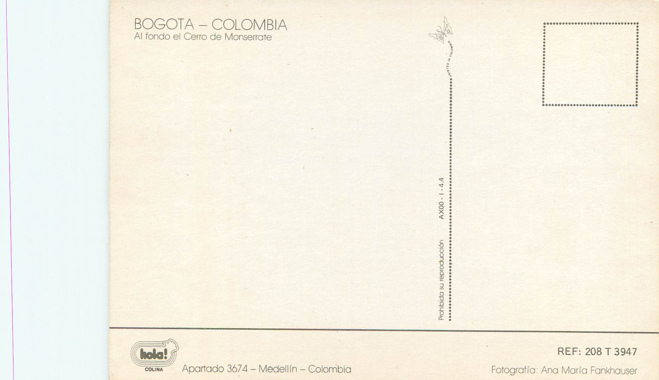 CPM Colombia Bogota Al Fondo el Cerro de Monserrate  — Rückseite