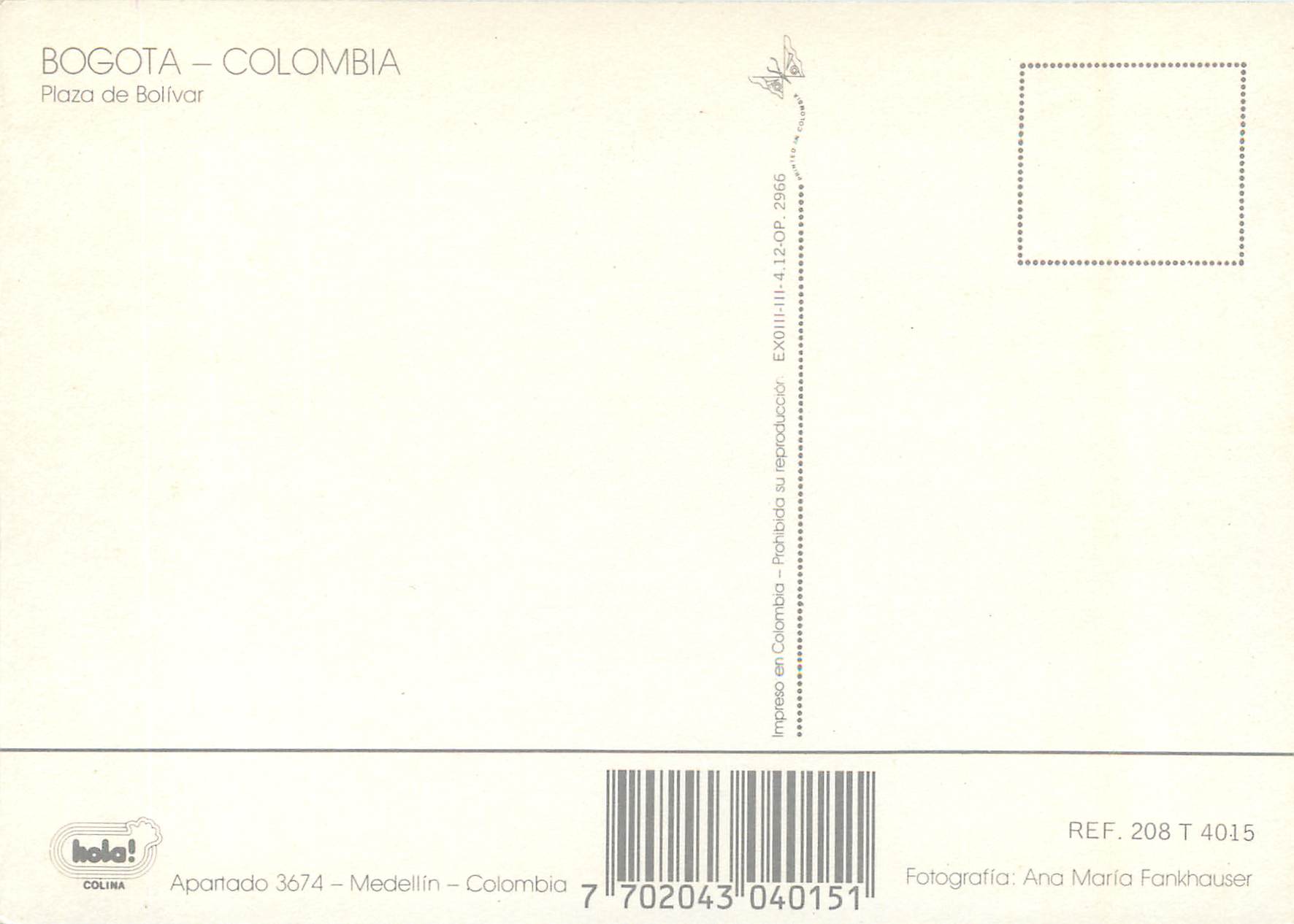 CPM Colombia Bogota Plaza de Bolivar — Rückseite