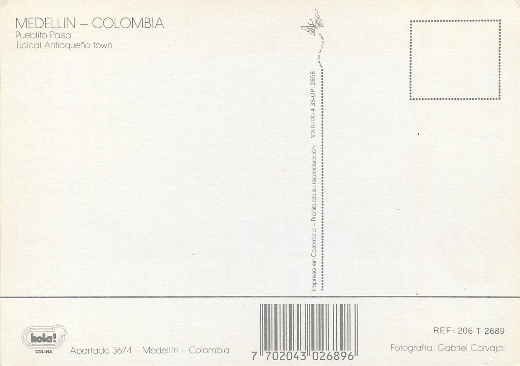 CPM Colombia Medellin Tipical Antioqueno Town  — Rückseite
