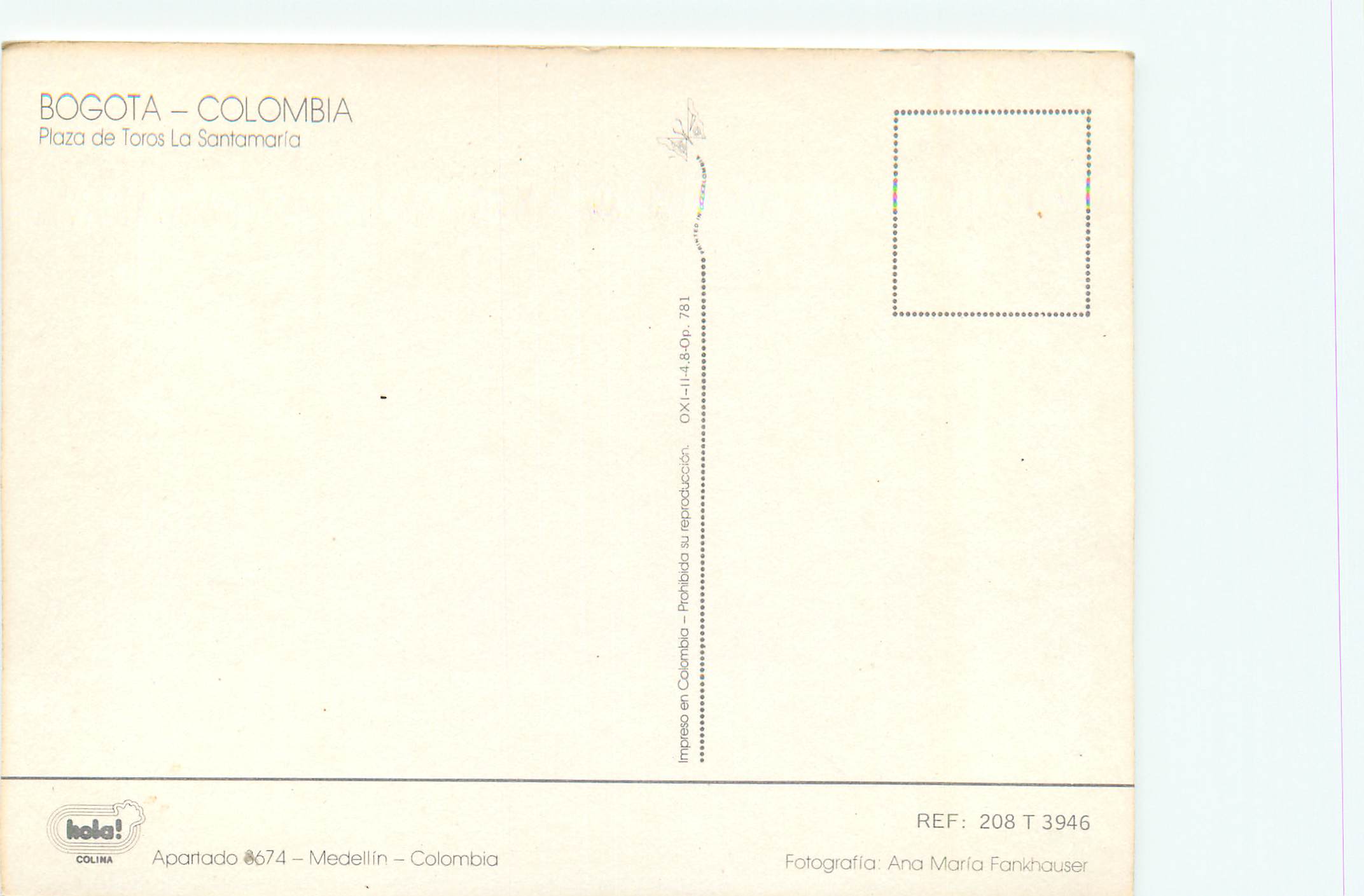 CPM Colombia Bogota Plaza de Toras La Santamaria — Rückseite