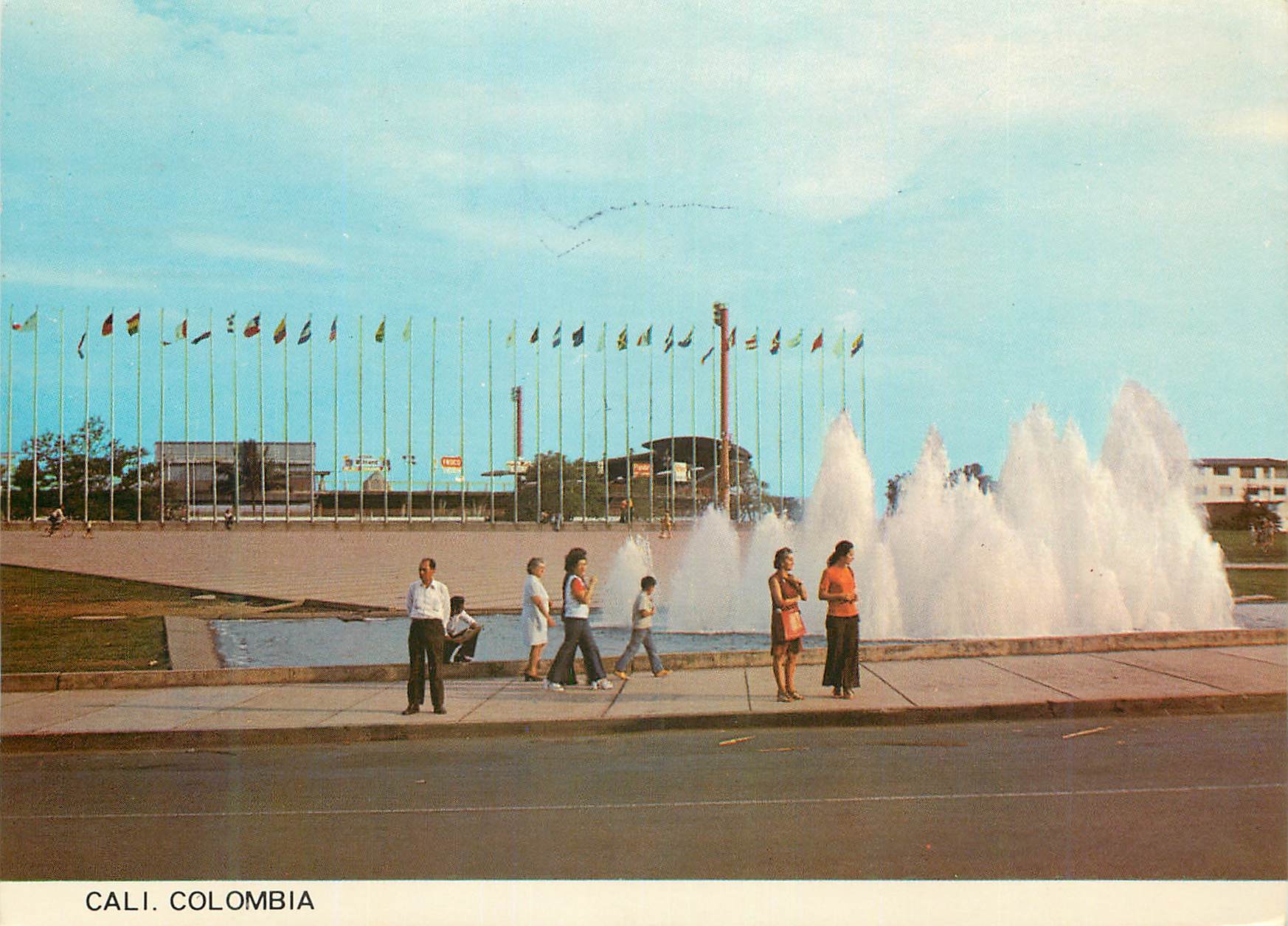 CPM Colombia Cali Flags Square and Fountain at front of the Panamerican Stadium