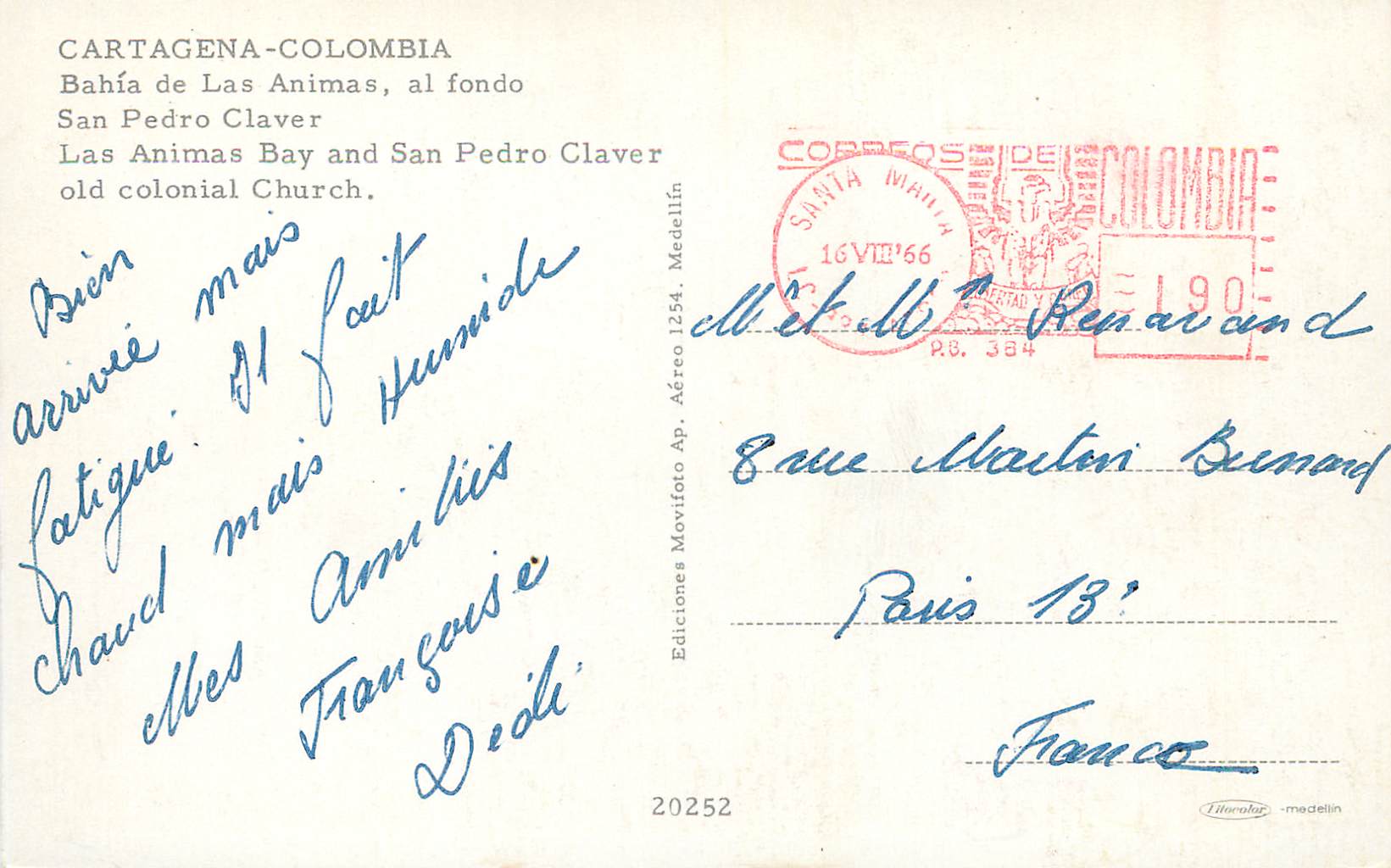CPM Colombia Cartagena Las Animas Bay and San Pedro Claver Old Colonial Church — Rückseite