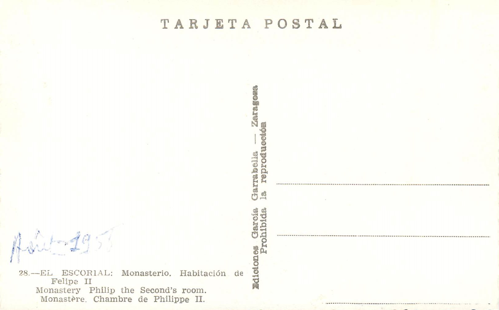 CPM EL Escorial Moastere chambre de Philippe II — Verso