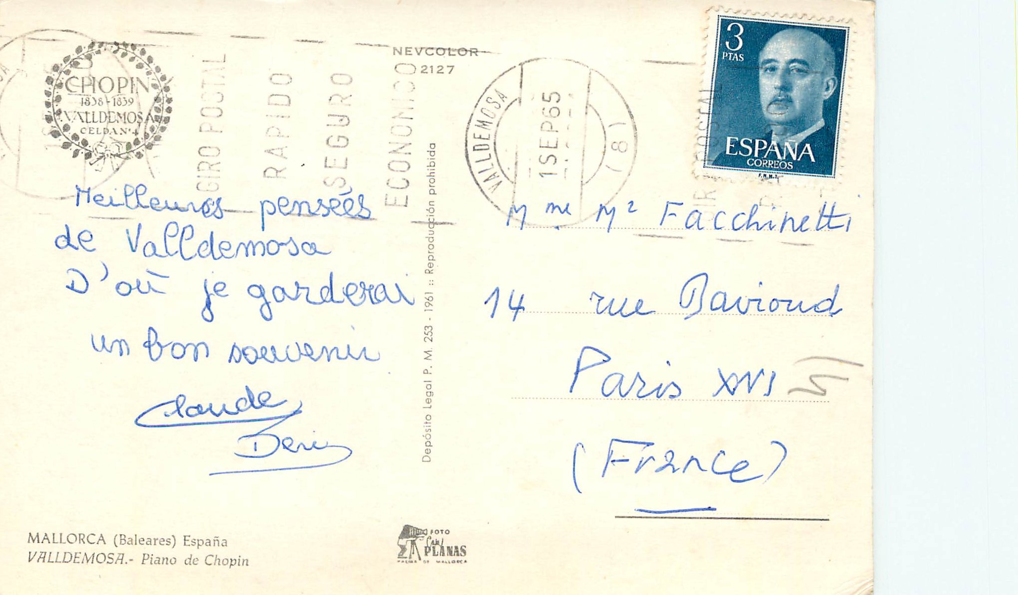 CPM Mallorca Baleares Espana Valldemosa Piano de Chopin  — Verso