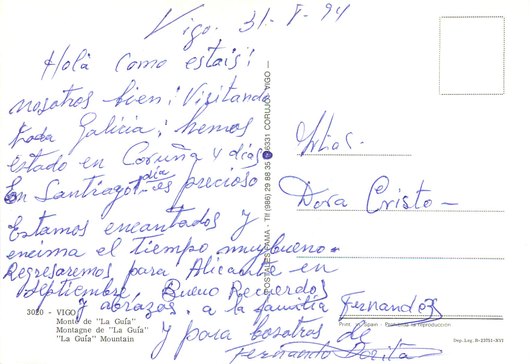 CPM Vigo Montagne de la Guia — Rückseite