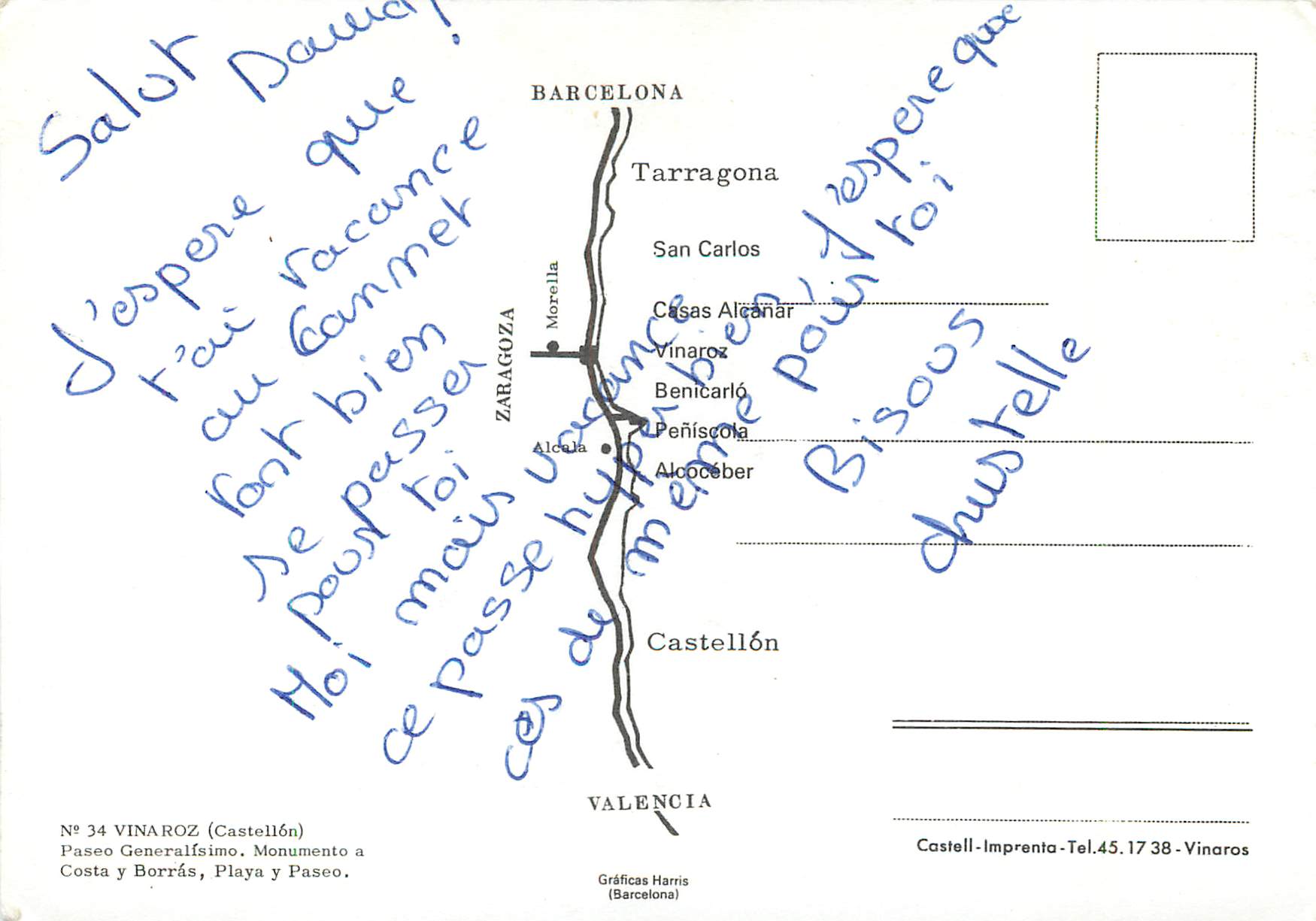 CPM Vinaroz Castellon Paseo Generalfsimo Monimento a Costa Y Borras Playa y Paseo — Rückseite
