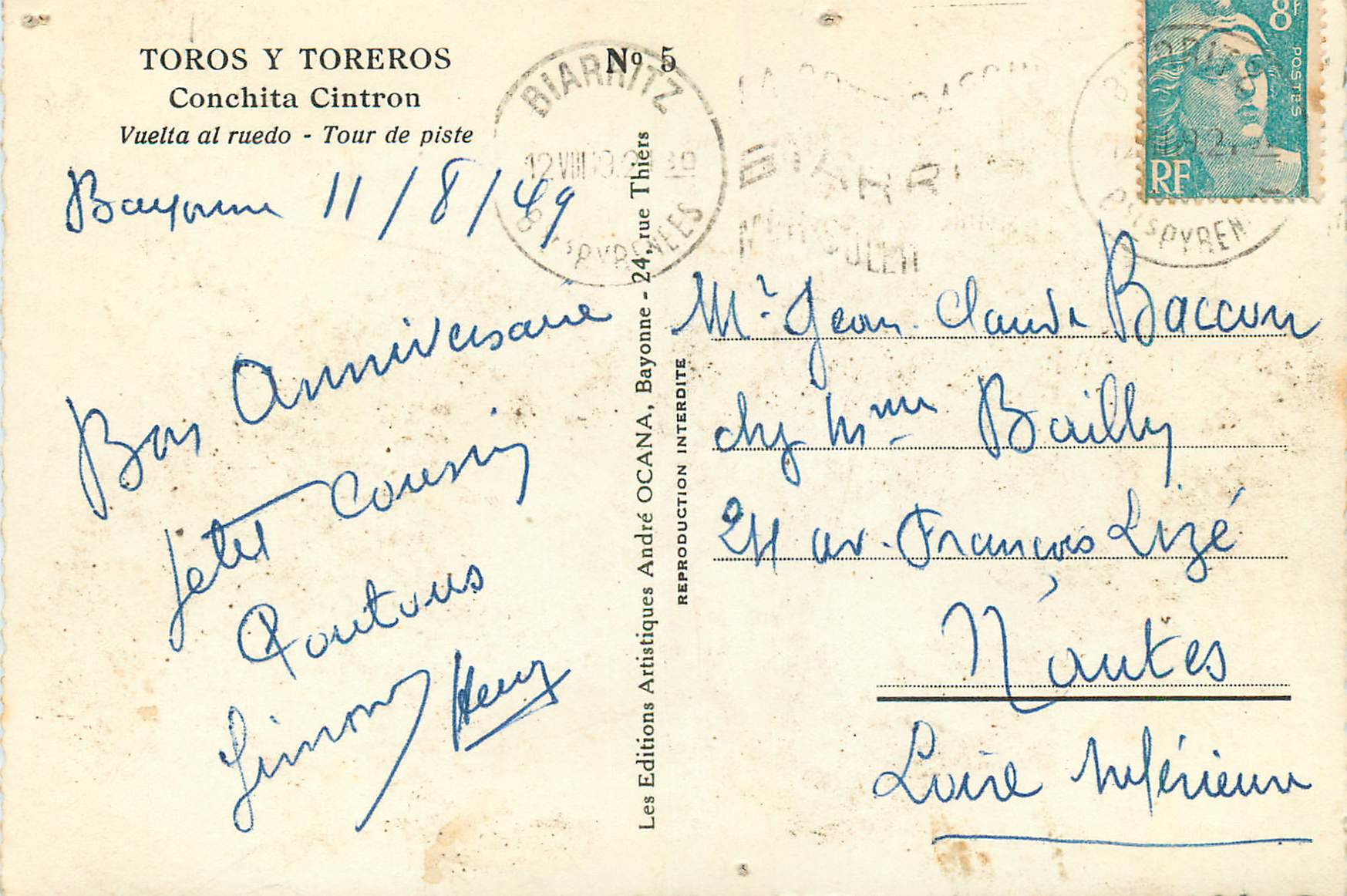 Toros y Toreros — Conchita Cintron — Éditions Artistiques André Ocana, N°5 — Verso