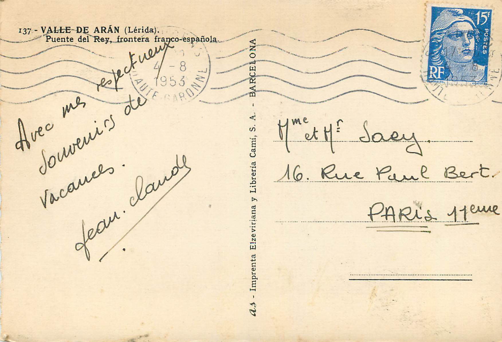 CPM Ville de Aran Leride Puente del rey Frontera Franco espanola — Rückseite