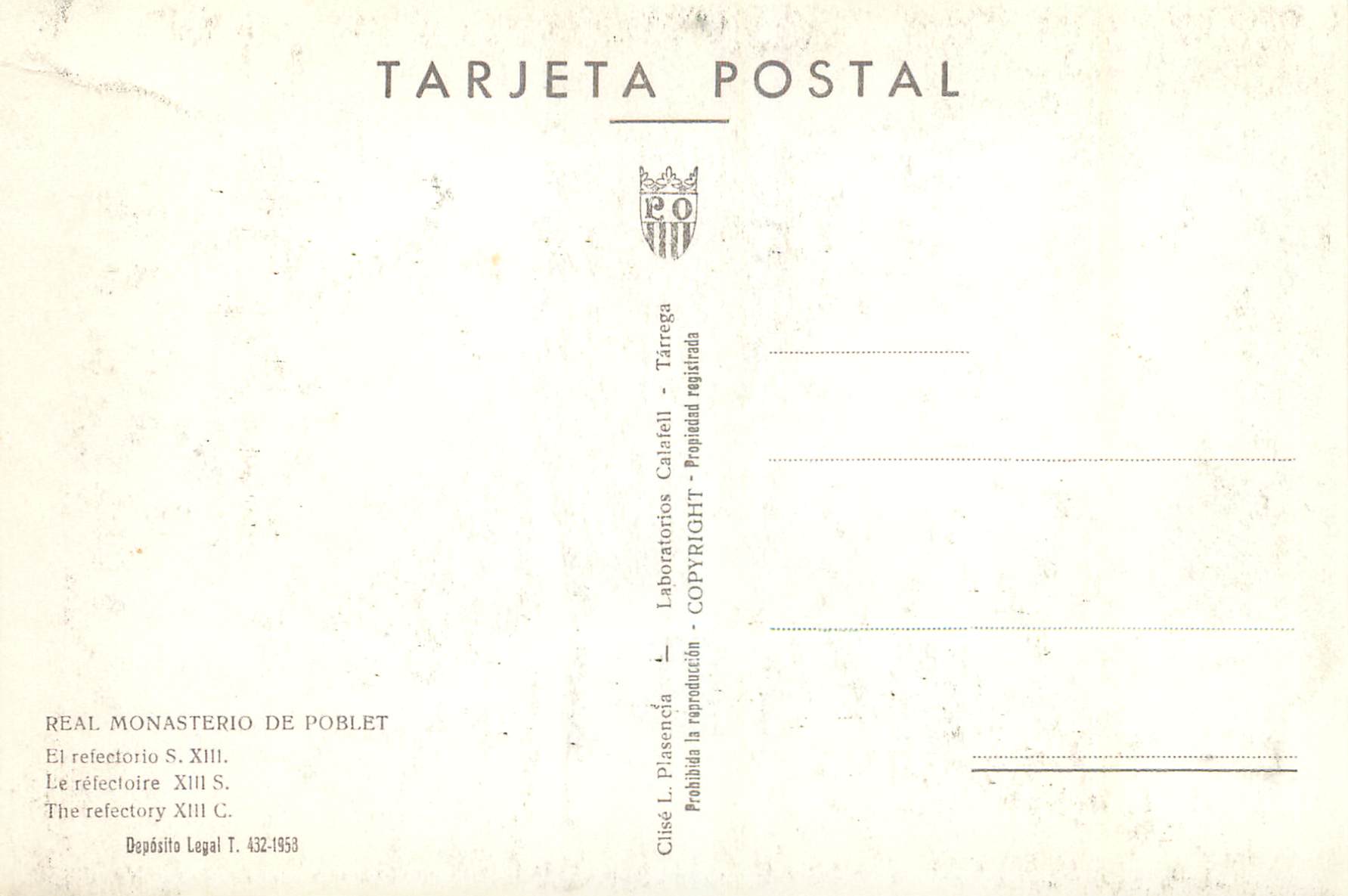 CPM Real Monasterio de Poblet Le Refectoire XIII S  — Verso