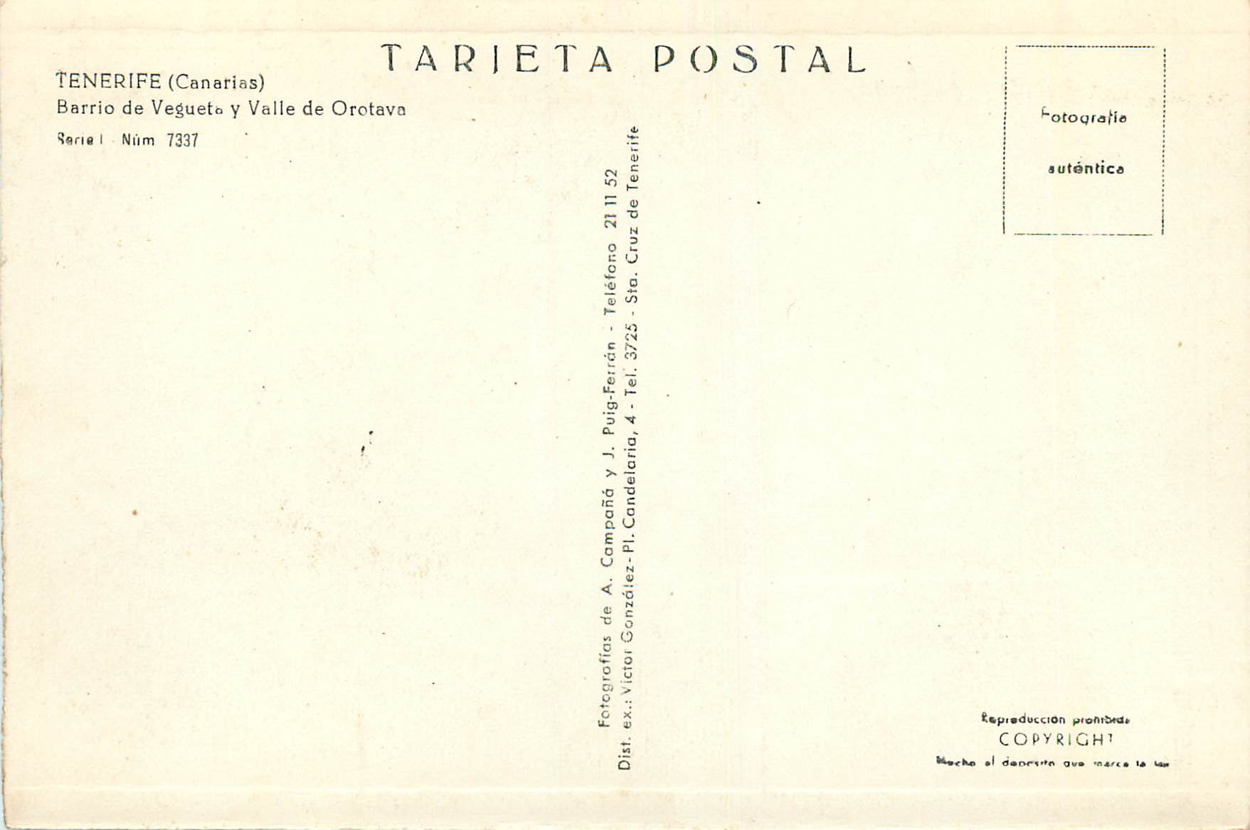 CPM Tenerife(canarias) Barrio de Vegueta y Valle de Orotova — Rückseite