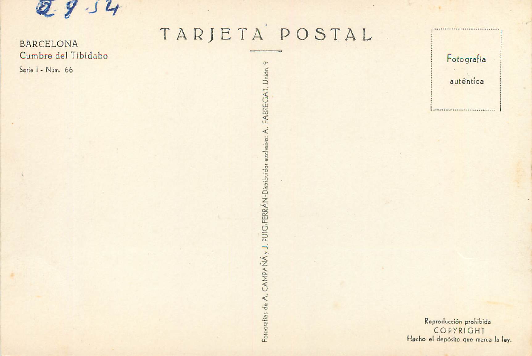 Cumbre del Tibidabo — vista panorámica con funicular y edificios en construcción — A. FABREGAT, serie 1, n° 66 — Reverso