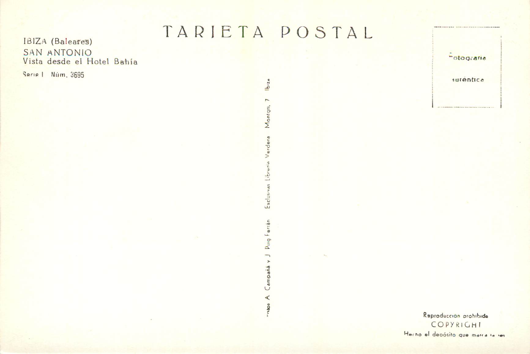 San Antonio — vue depuis l'Hotel Bahía — Tarieta Postal, série I n°3695 — Rückseite