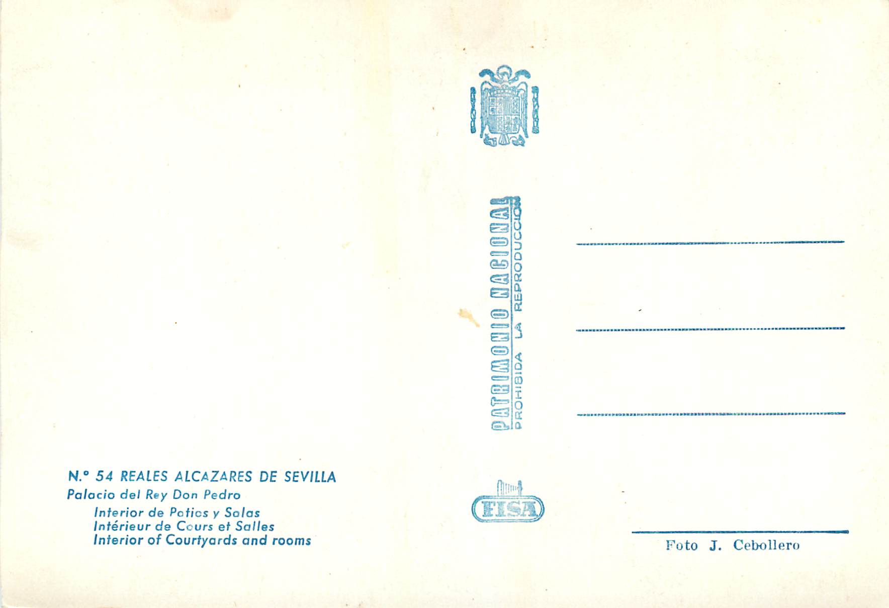 CPM Reales Alcazares de Sevilla Interieur de Cours et salles — Rückseite