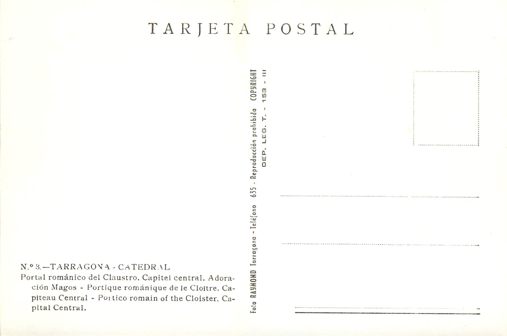 CPM Tarragona Portique romanique de le Cloitre Capiteau Central — Rückseite
