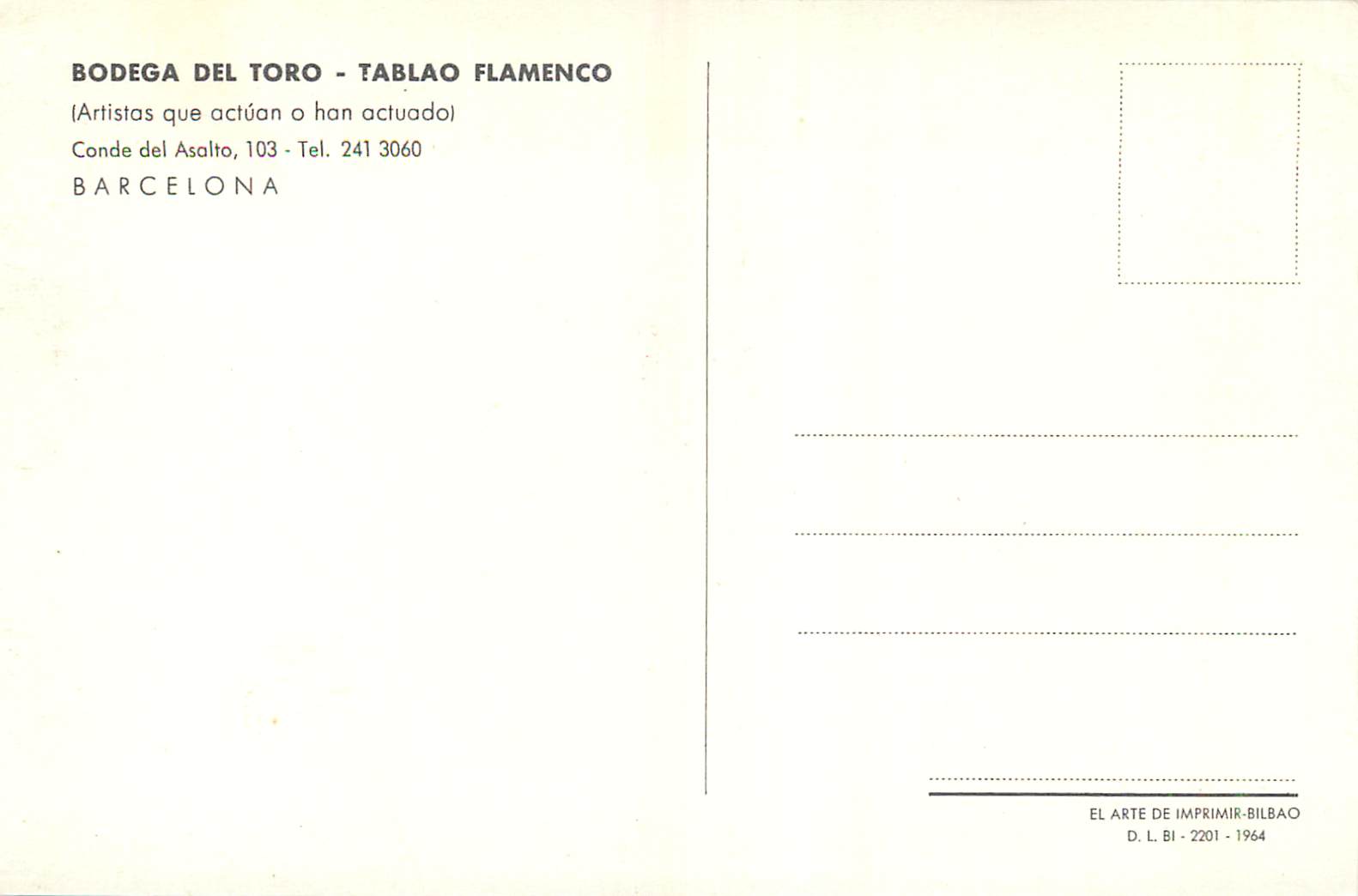 CPM Barcelona Bodega del Toro Tablao Flamenco Cande del Asalto — Rückseite