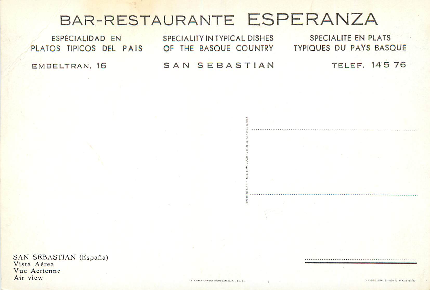 CPM San Sebastian Espana Vue Aerienne — Rückseite