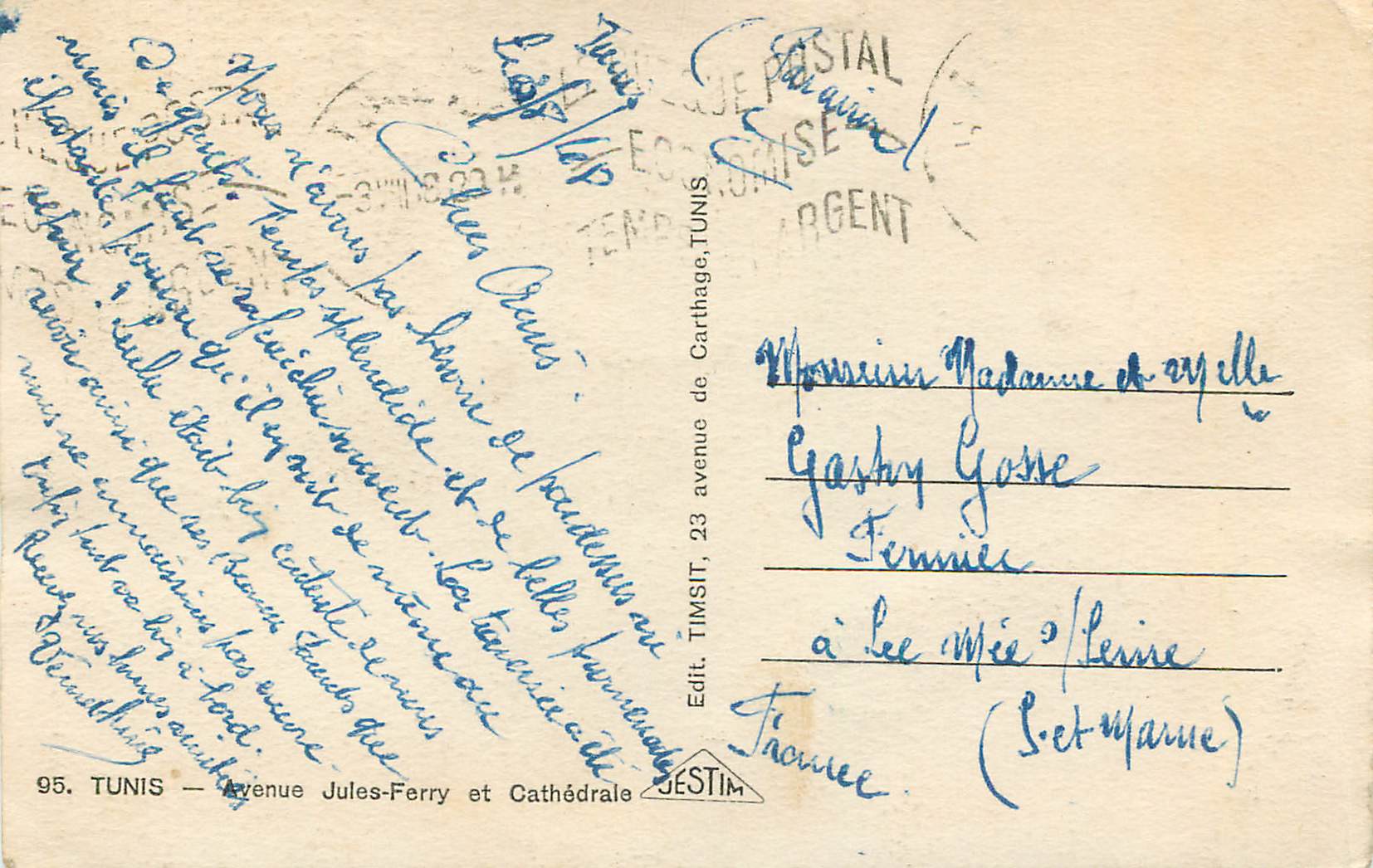 CPA Tunis Avenue Jules Ferry et Cathedrale — Verso