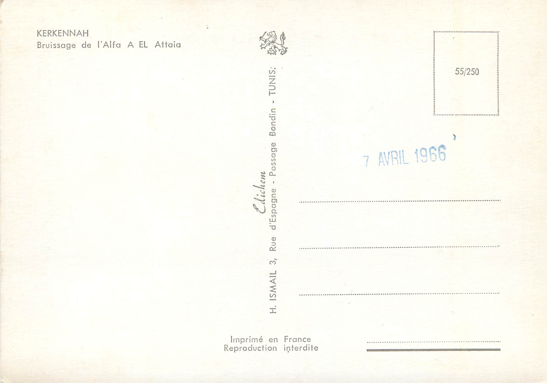 CPM Kerkennah Bruissage de l'Alfa a El Attaia — Verso