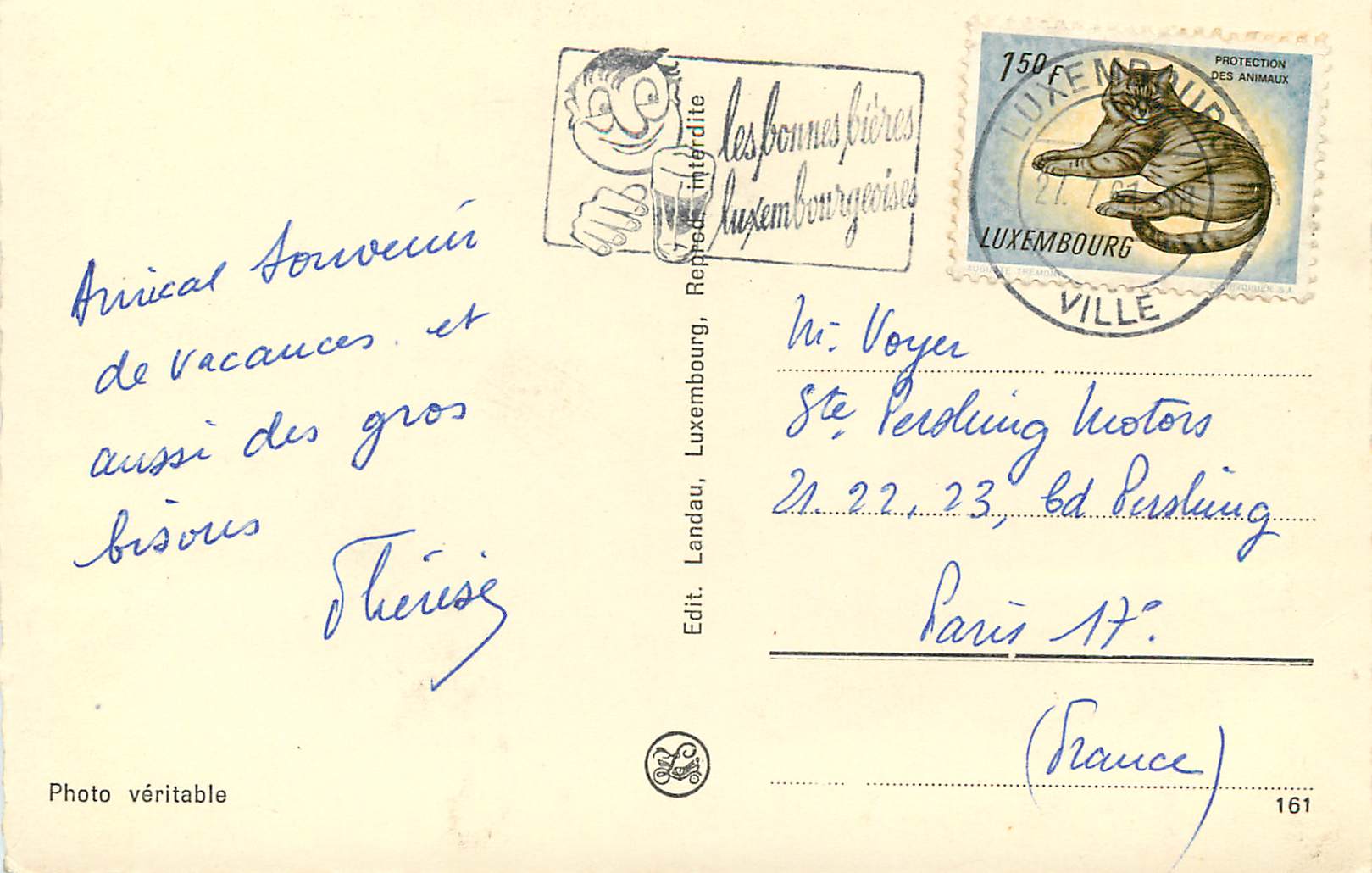 Luxemburg, Avenue de la Liberté — Ansicht des Hôtels de Paris — Éd. Les Bonnes Bières Luxembourgeoises — Rückseite
