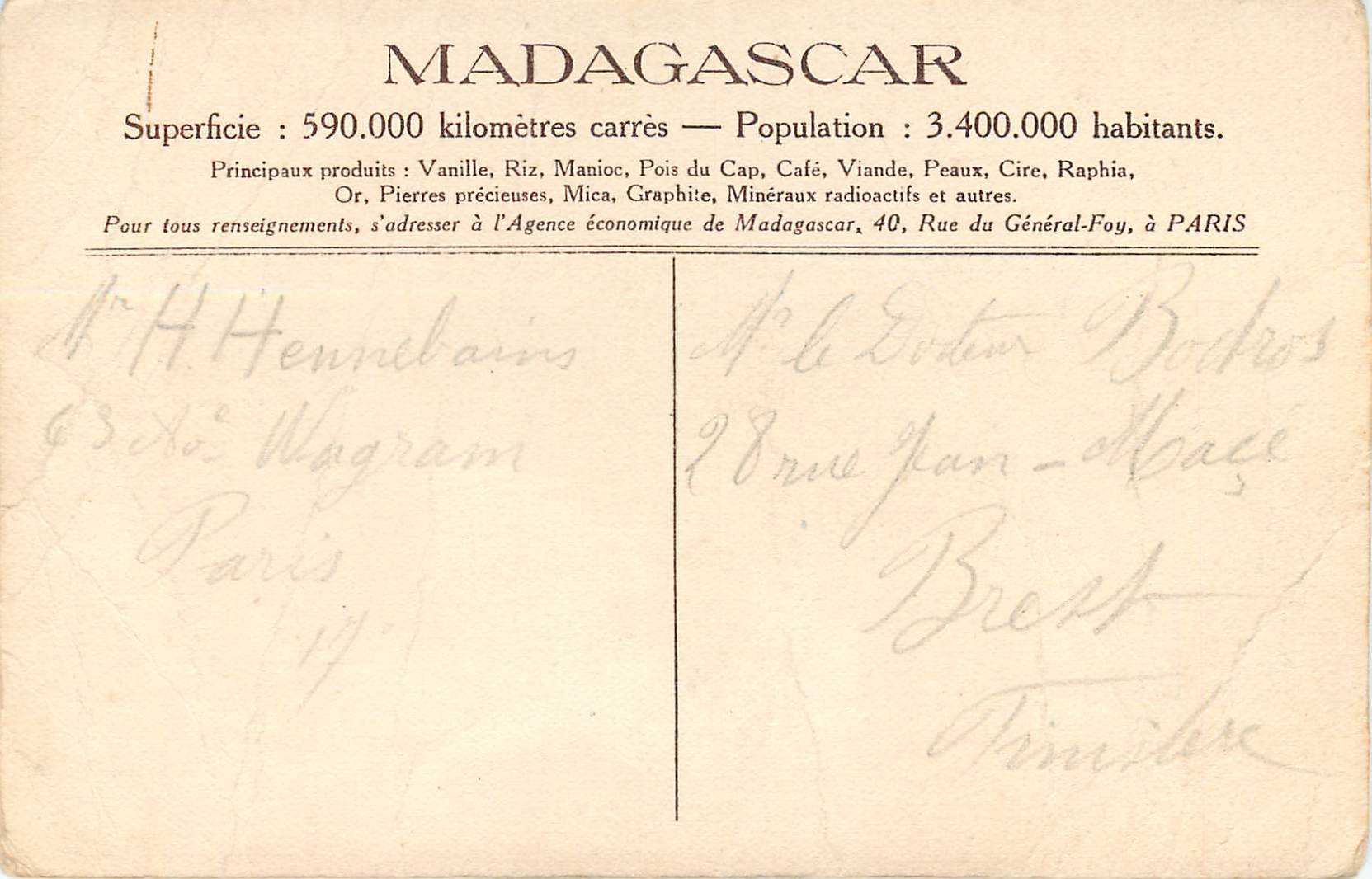 CPA Madagascar Tananarive  — Rückseite