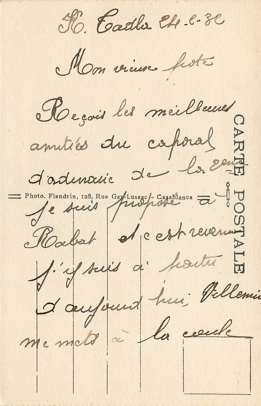 Campagne du MAROC — Le Général salue la dépouille d'un héros — Photo Flandrin n°3007 — Verso
