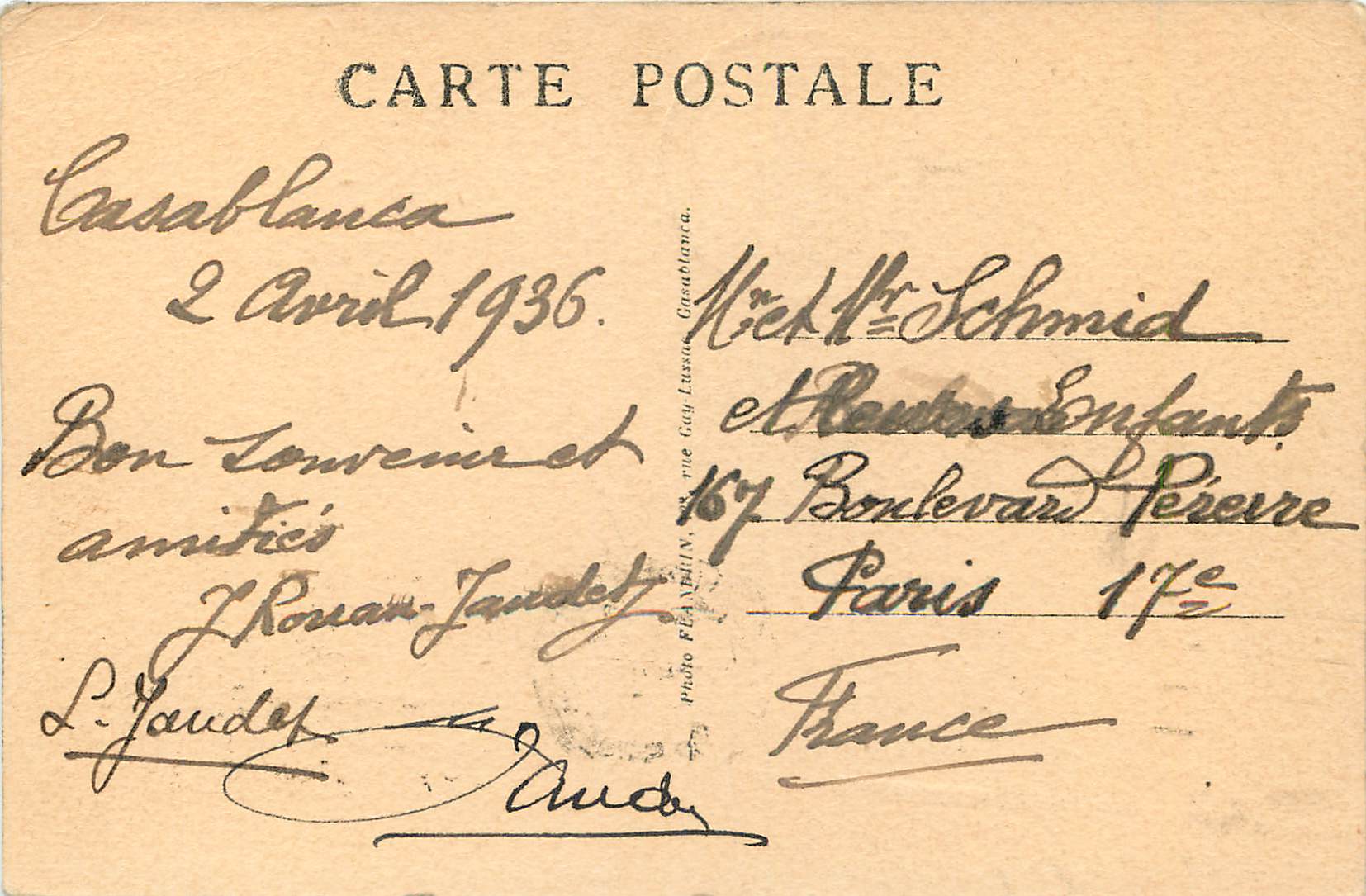 CPA Casablanca La rue Bouskoura  — Rückseite