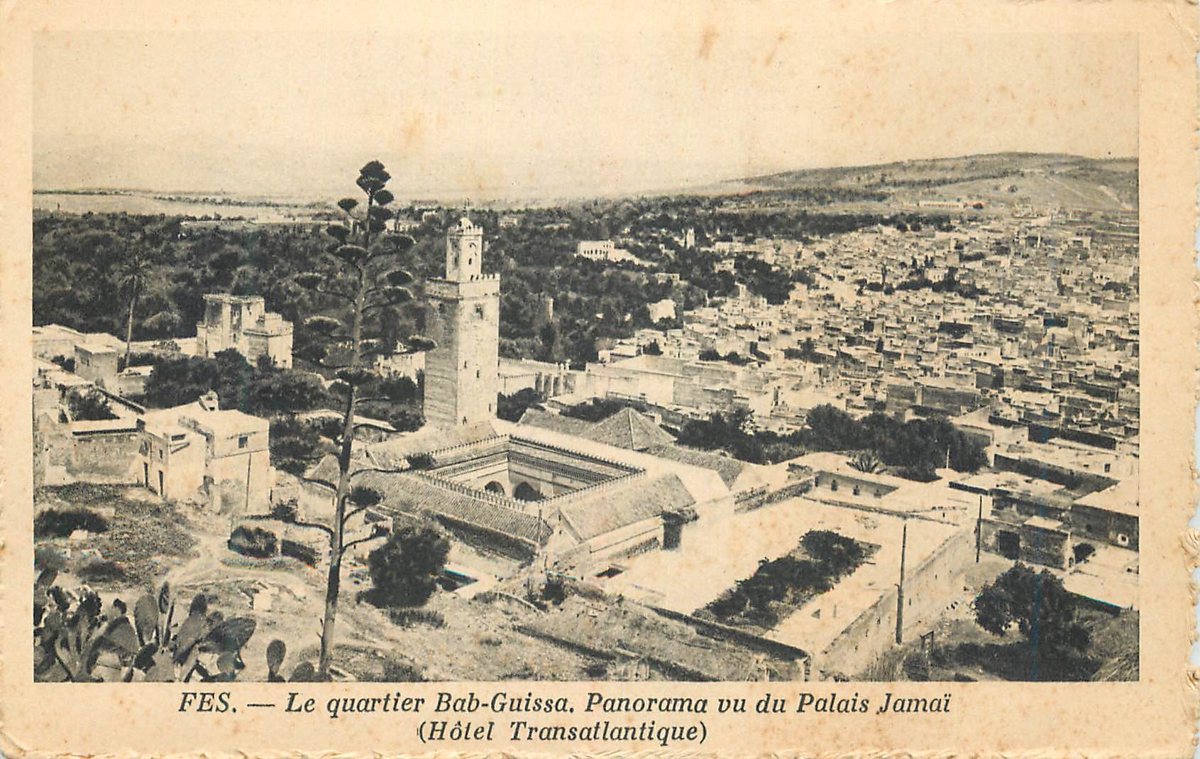 CPA Fes Le Quartier Bab Guissa Panorama vu du palais Jamai Hotel transatlantique