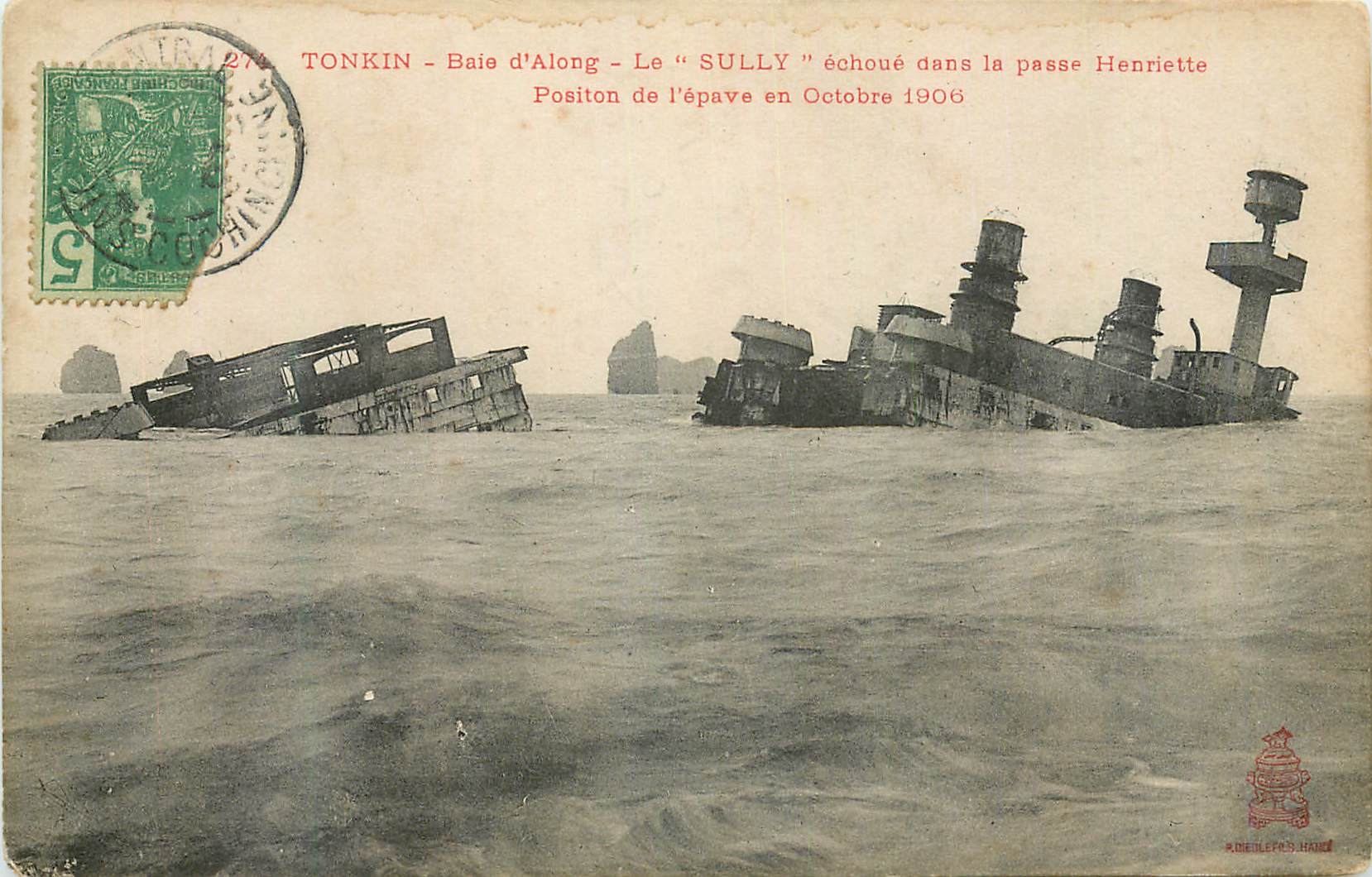 CPA Tonkin Baie d Along Le Sully echoue dans la passe Henriette Position de l'epave en octobre 1906 Bateau