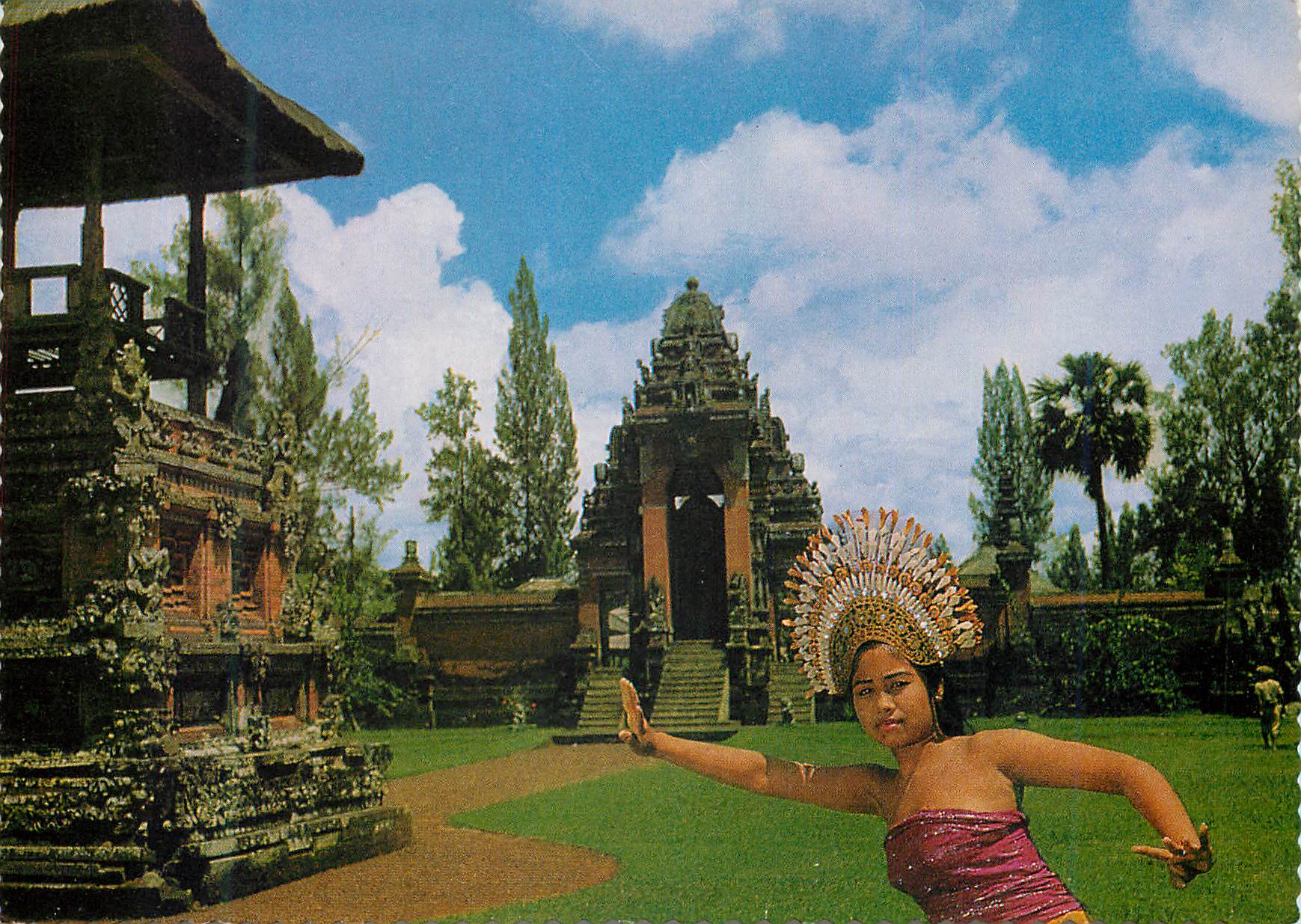 CPM The noted Taman Ajun in Bali and a graceful Djanger dancer Djanger Dance is a modern and popular dance in Bali 