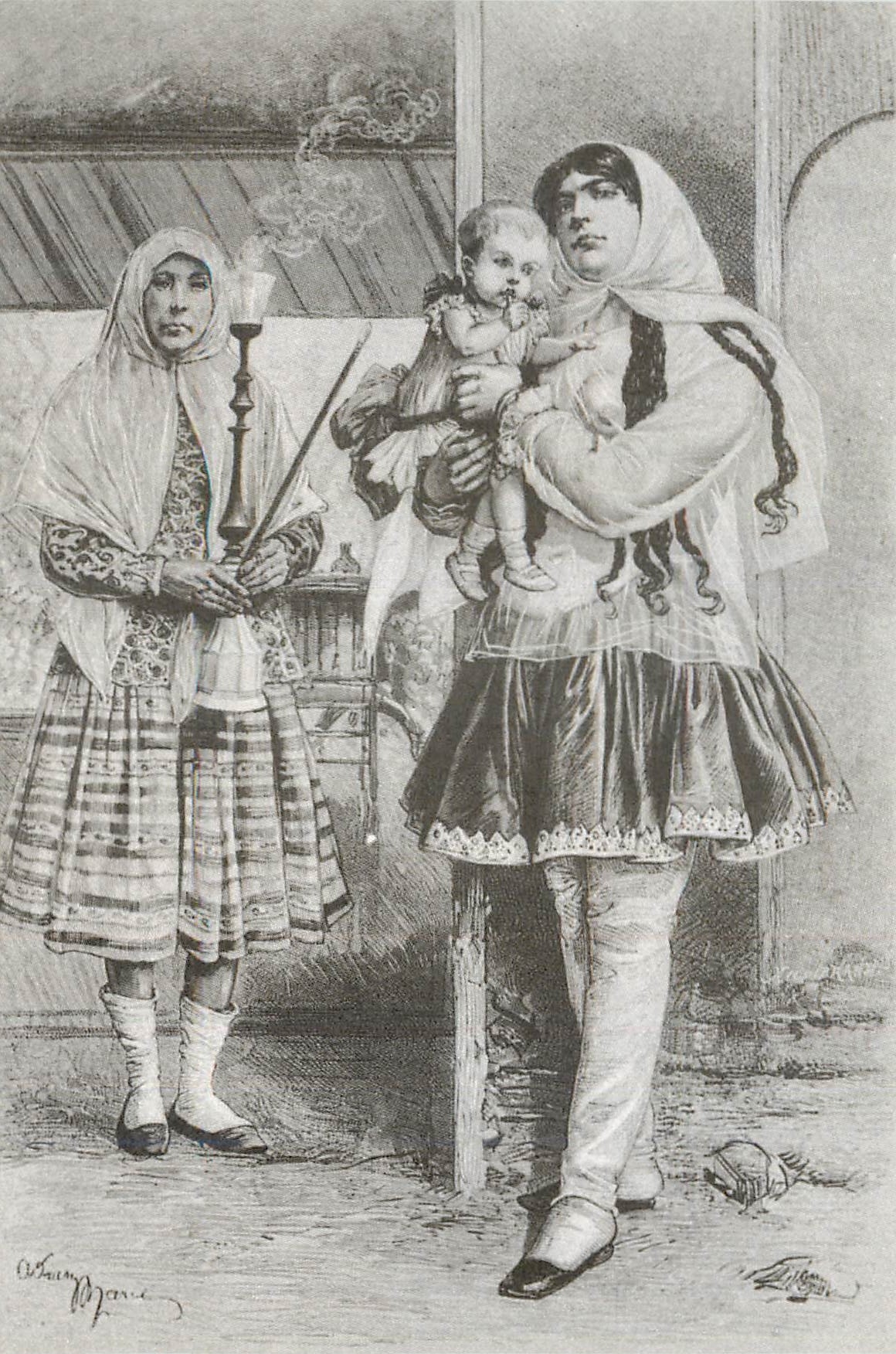 CPM Child Nurse and Maid in Shiraz Iran Niello Painting 