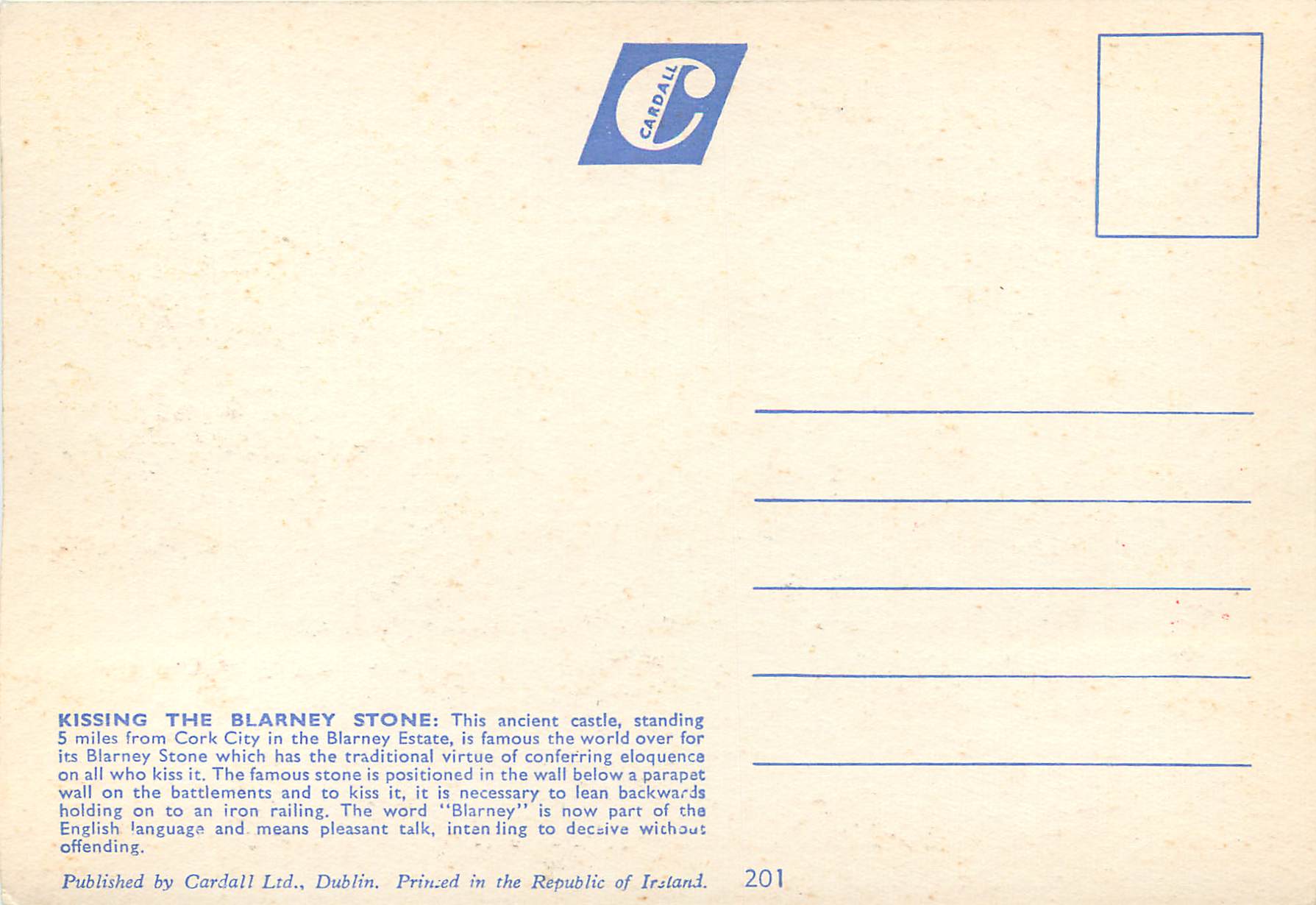 Kissing the Blarney Stone, Blarney Castle, Co. Cork, Ireland — Cardall Ltd. n°201 — Rückseite