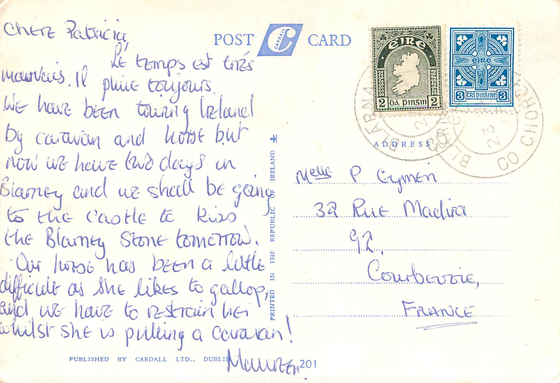 Kissing the Blarney Stone, Blarney Castle, Co. Cork, Ireland — Published by Cardall Ltd., Dublin — Rückseite