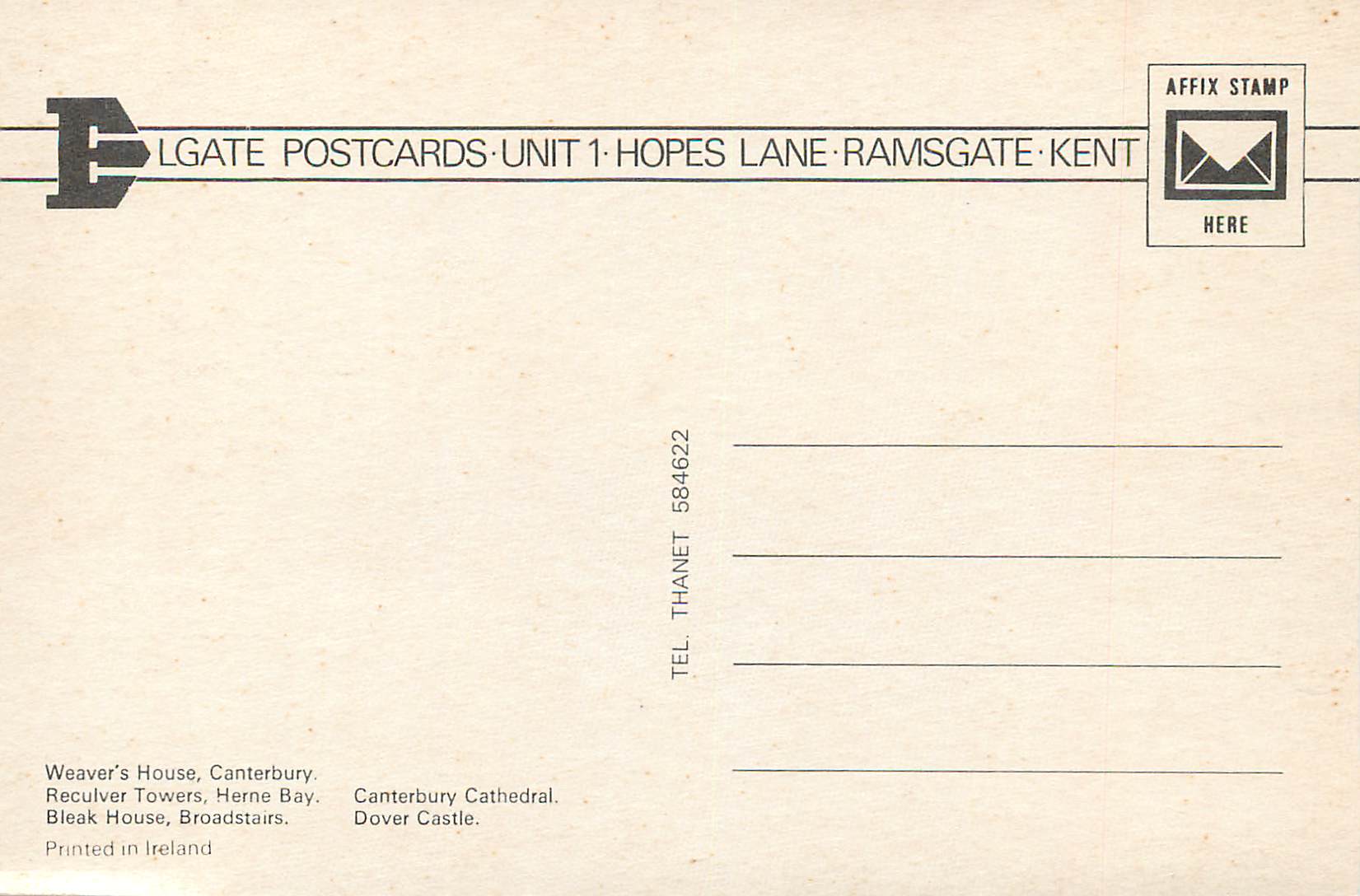 CPM Historical Kent Weavers House Canterbury Receiver Towers Herne Bay Bleak House Broadstairs Canterbury Cathedral Dove — Rückseite
