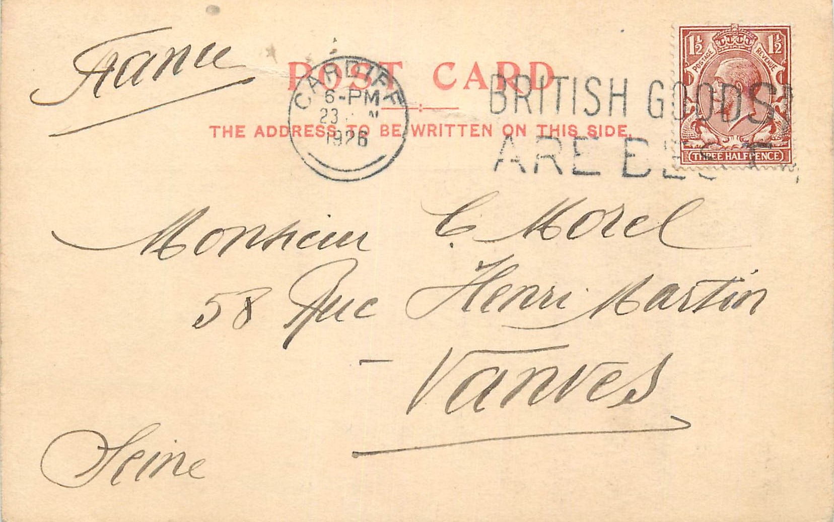 Entier Postal Marcesche & Co shipowners Cardiff 1926 pour Morel Rue Henri Martin Vanves