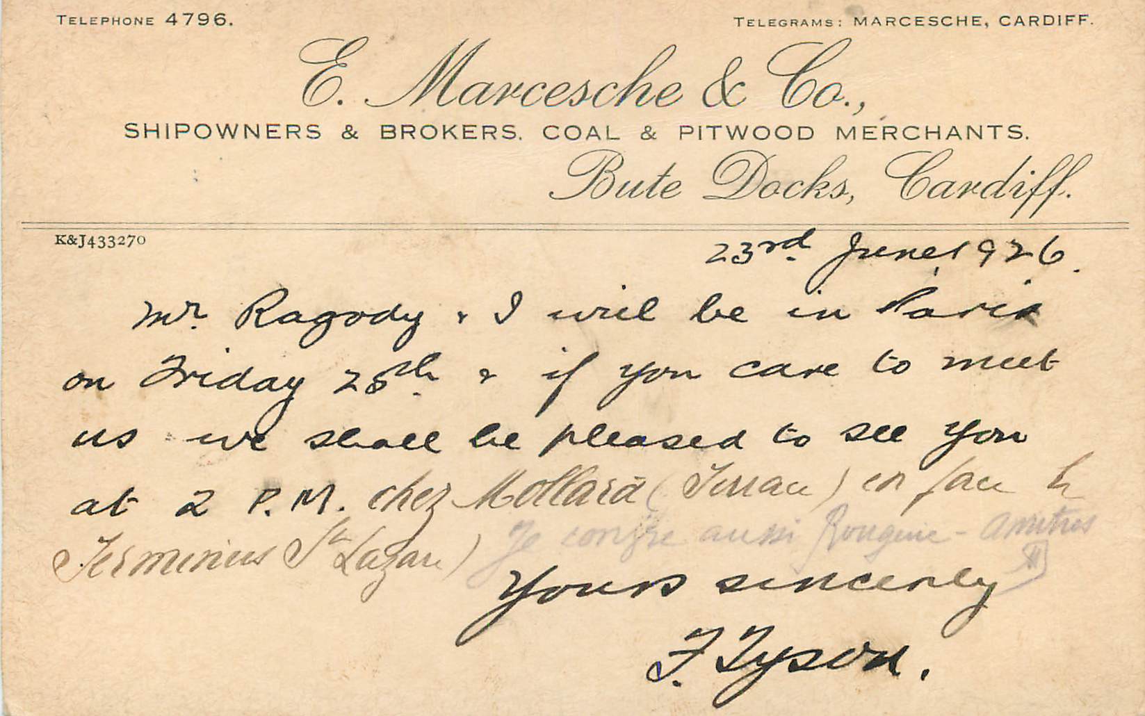 Entier Postal Marcesche & Co shipowners Cardiff 1926 pour Morel Rue Henri Martin Vanves — Verso