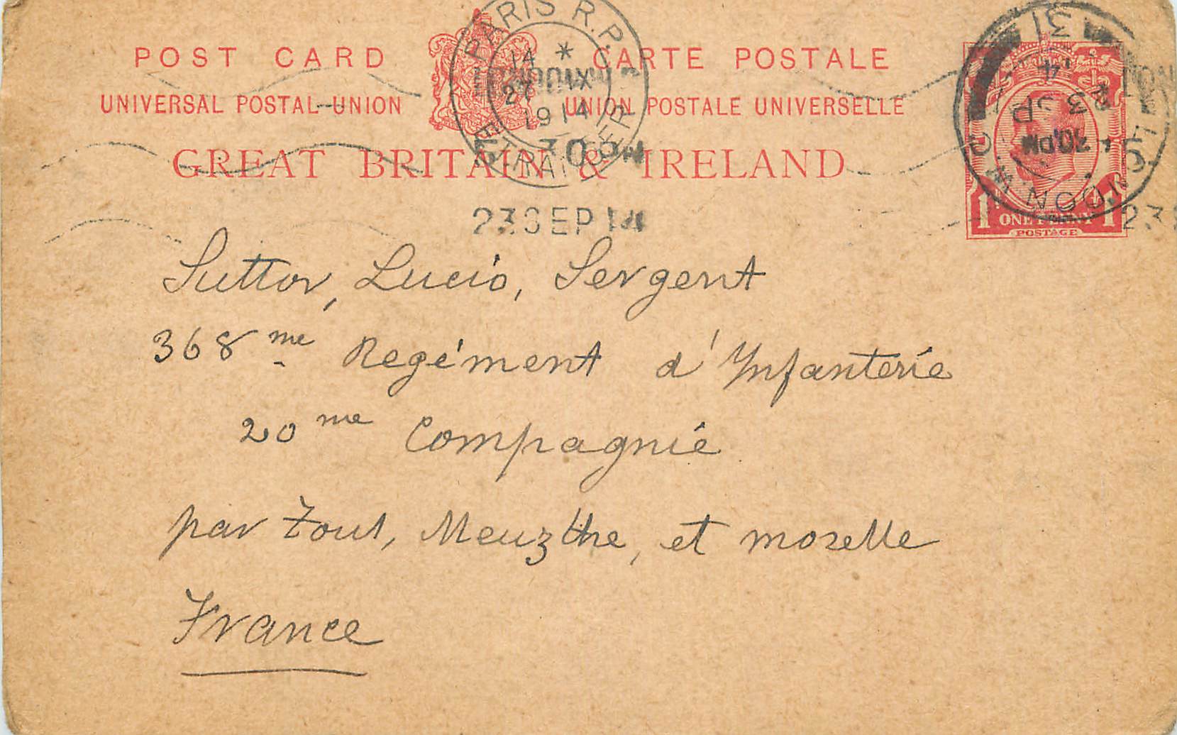 Entier Postal 1914 pour Sutton Meurthe et Moselle Militaria