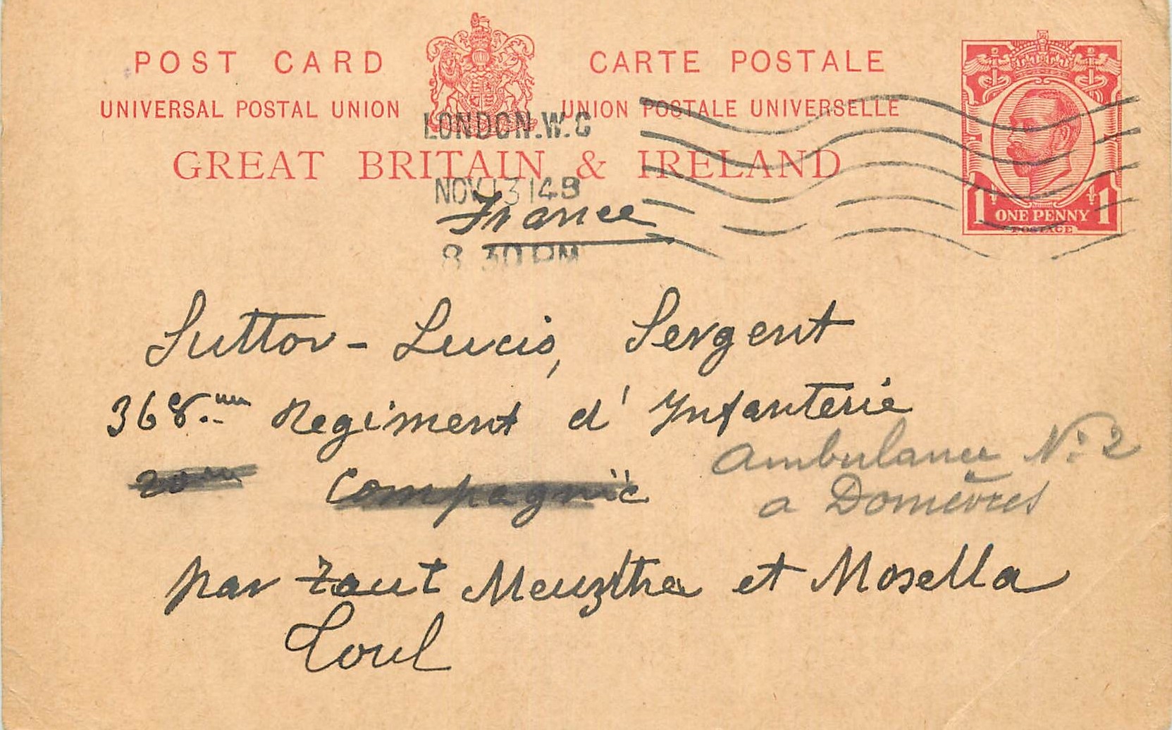 Entier Postal 1914 pour Sutton Meurthe et Moselle Militaria